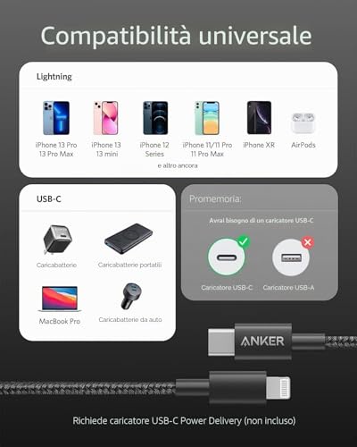 Detalle de Anker Cavo USB‑C a Lightning 1m Nylon MFi con ricarica rapida