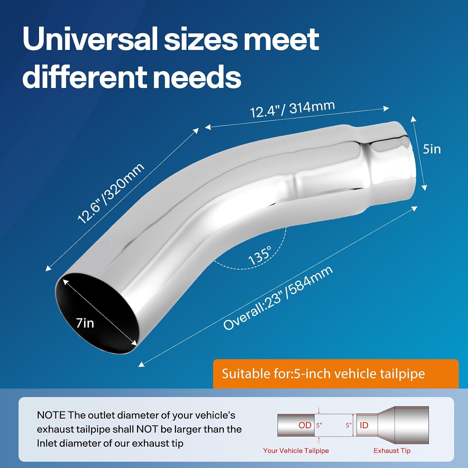 Detalle de Drynochet 5-7" Universal Exhaust Elbow Pipe with Clamp Chrome Finish