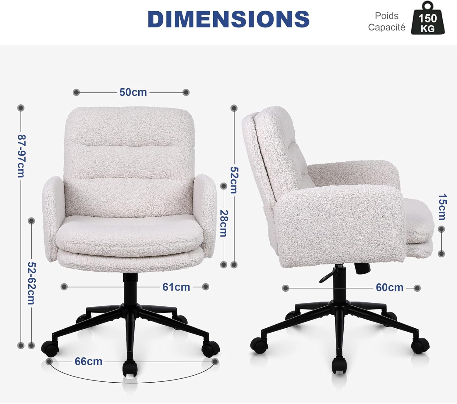 Detalle de Youhauchair Chaise Bureau – Fauteuil ergonomique en fausse fourrure, hauteur réglable et assise rembourrée