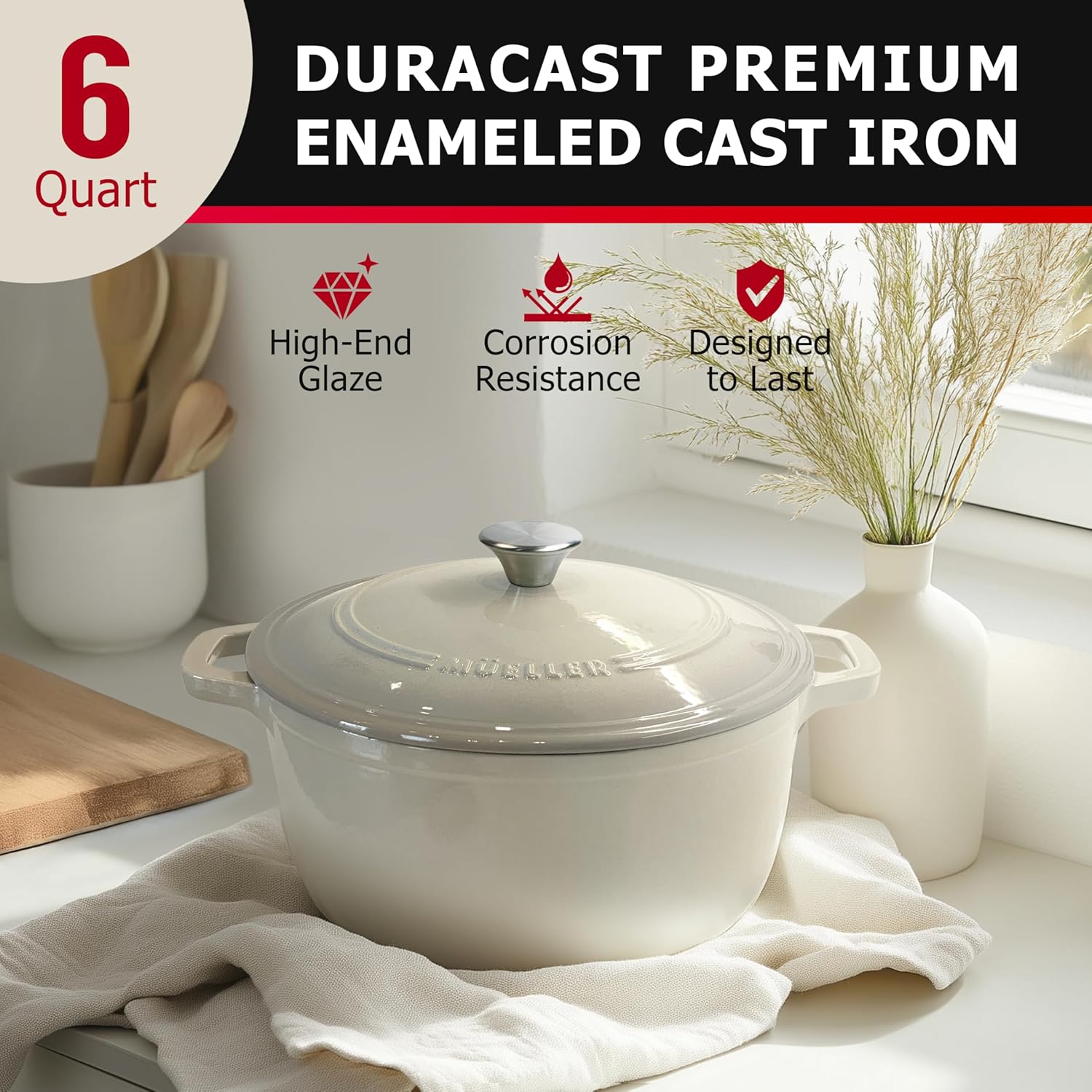 Thumbnail 1 de Mueller 6qt Enameled Cast Iron Dutch Oven with Lid and Knob (White)
