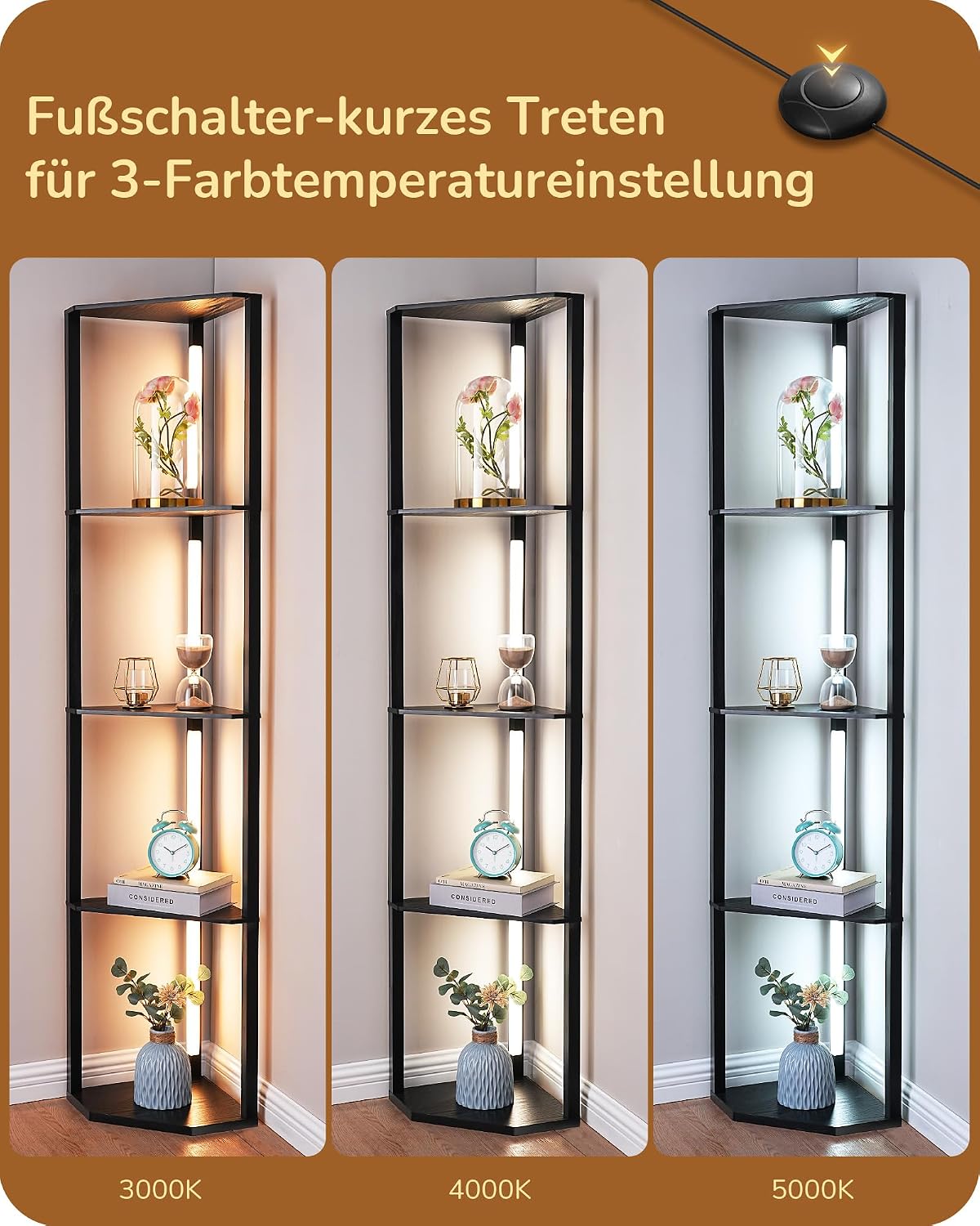 Detalle 2 de EDISHINE ST-F31048 vloerlamp met hoekplanken, dimbare led en draaibare lichtstrip