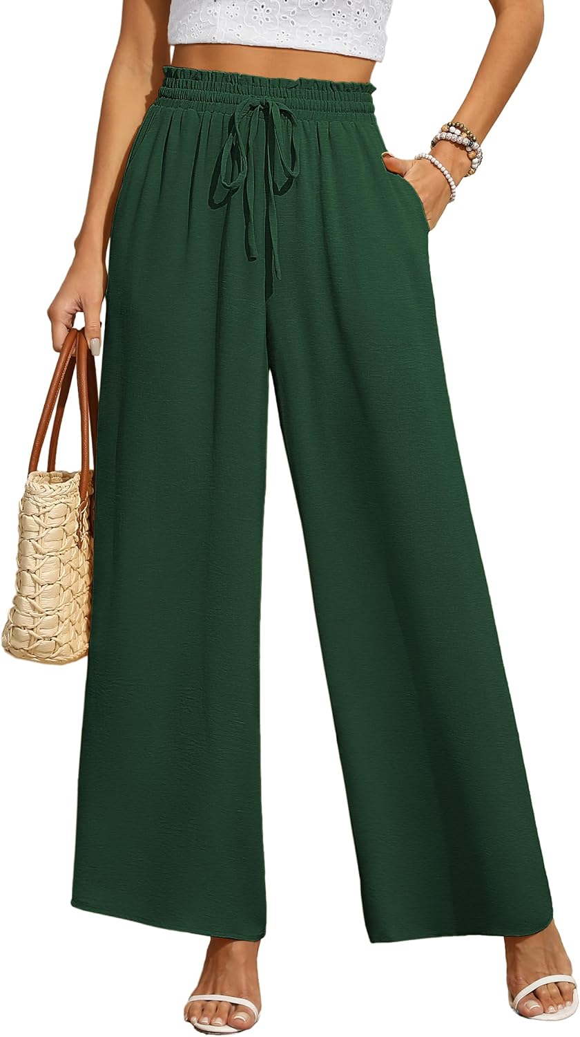 Detalle de BEIGAI Damen Palazzo-Hose mit hoher Taille, Taschen und weitem Bein – bequem & dehnbar für Lounge, Alltag und Freizeit