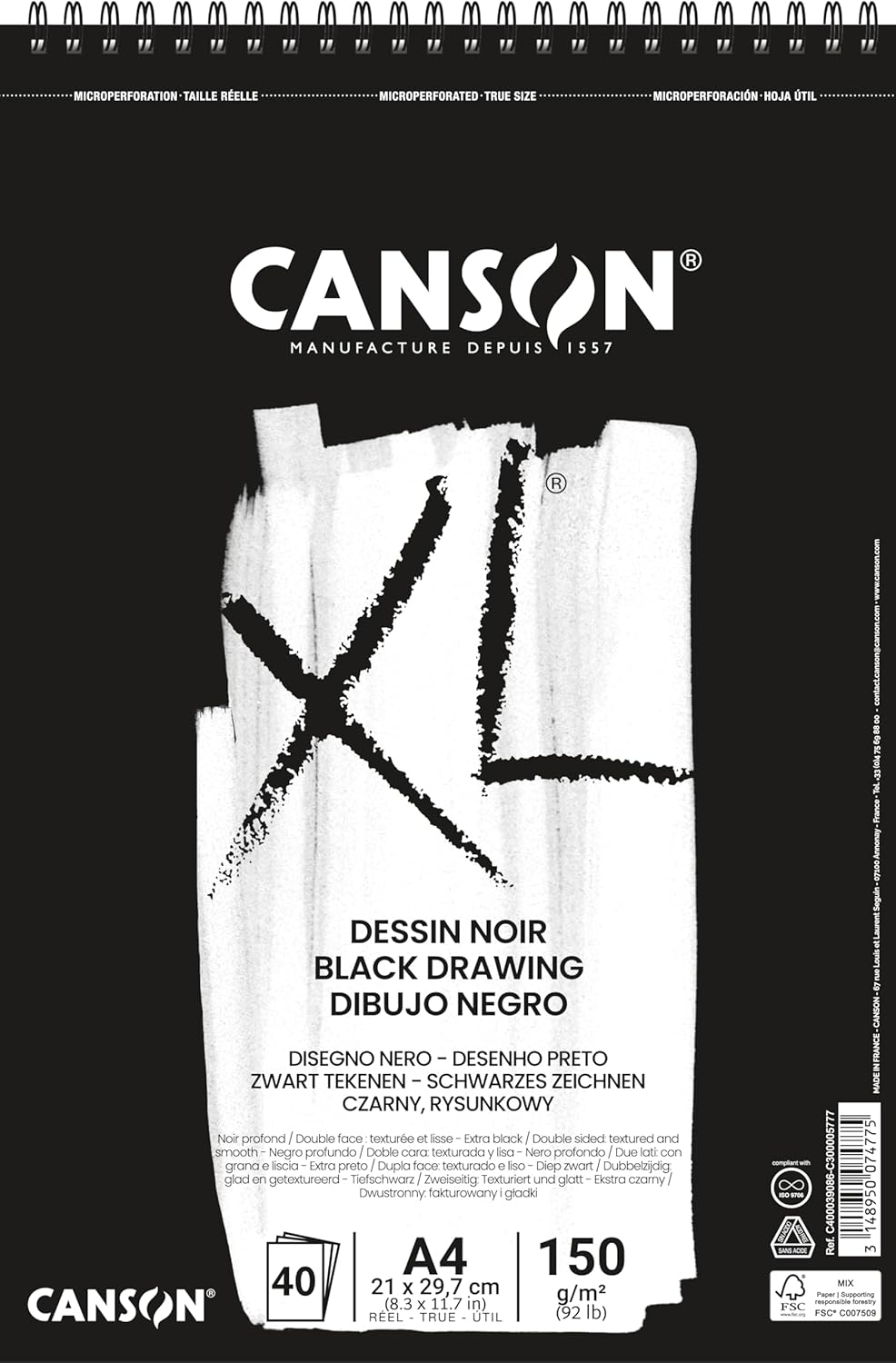 Detalle de Canson XL Dessin noir: album D.A3 con carta nera doppia superficie, 40 fogli da 160 g/m²