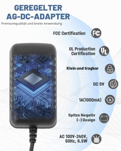 Detalle de STRICH SPA-10 Gitarrenpedal Netzteil – 9V DC, 1000mA, 4-Wege Daisy-Chain, 4‑fach Netzteil für Pedalboards, Spitze negativ