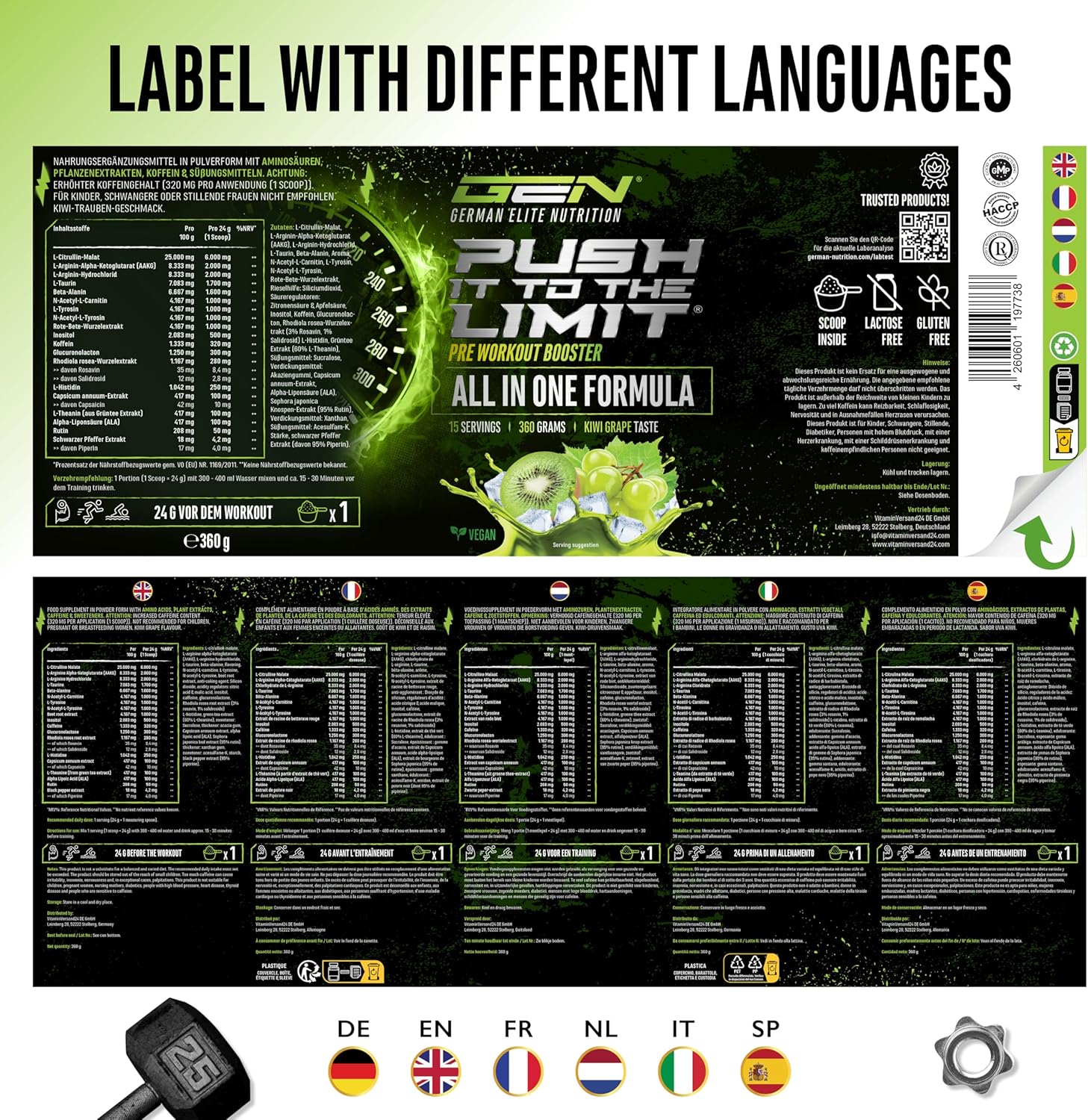 Thumbnail 6 de Push it to the Limit Pre Workout mit L-Arginin, Citrullin & Koffein – 360 g (Kiwi-Grape)