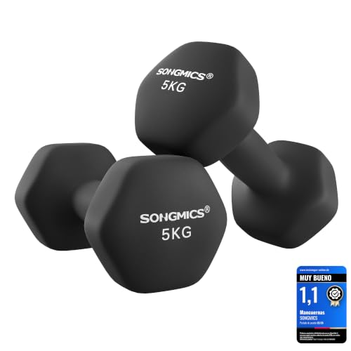 Detalle de SONGMICS Mancuernas Hexagonales 5 kg (2 x 5 kg) con recubrimiento PVC y agarre antideslizante