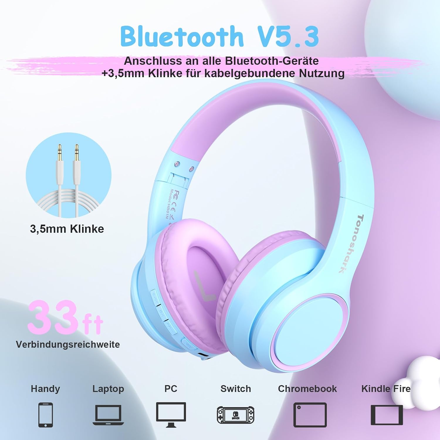 Detalle de TONOSHARK Kinder Bluetooth Kopfhörer – Over-Ear mit Noise Cancelling, 60 Stunden Spielzeit, inkl. Tragetasche (Blau-Lila)