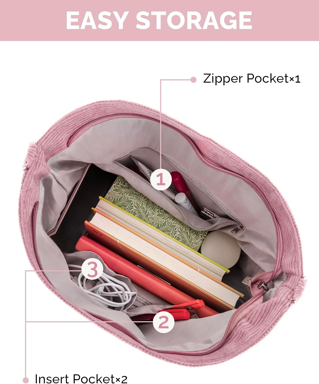 Thumbnail 4 de Prite corduroy tote bag for women with zip – large capacity shoulder bag with adjustable strap and pockets