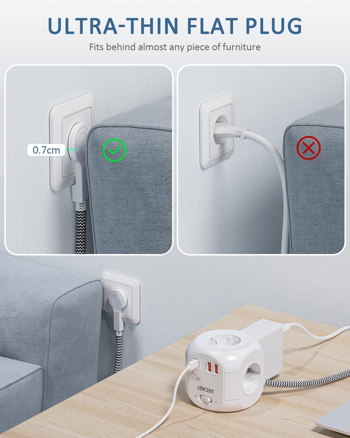 Thumbnail 3 de LENCENT PD20W 7-in-1 Mehrfachsteckdose mit 2 m geflochtenem Kabel und 2× USB-A + 1× USB-C