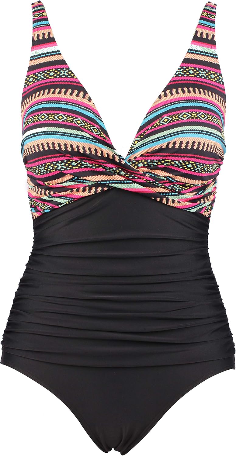 Detalle de LA ORCHID Damen Badeanzug „Bauchweg“ mit Push-up, V-Ausschnitt und hoher Taille (einteilig)
