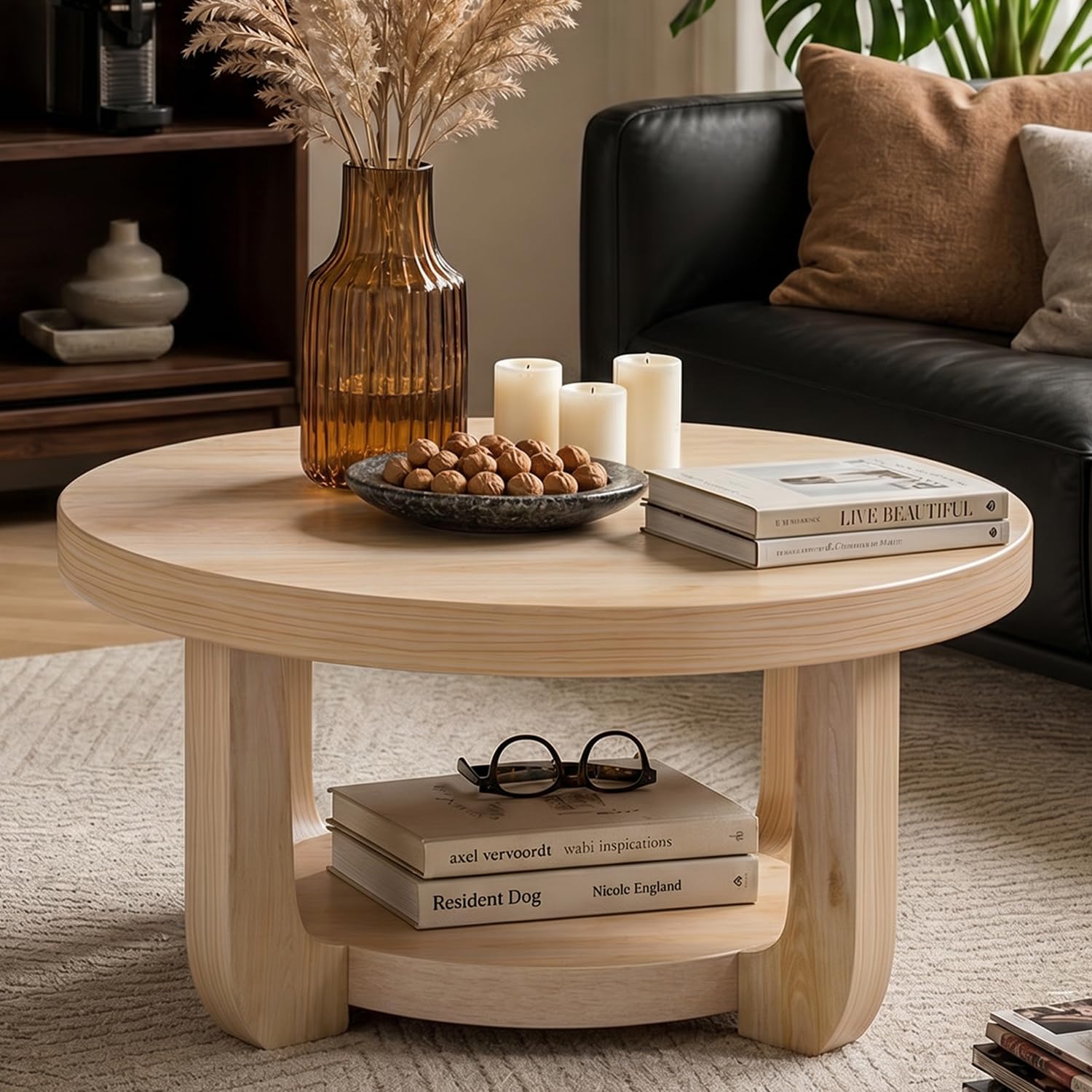 Detalle de BEROXII Round Coffee Table, 2-Tier Storage, Nature Finish
