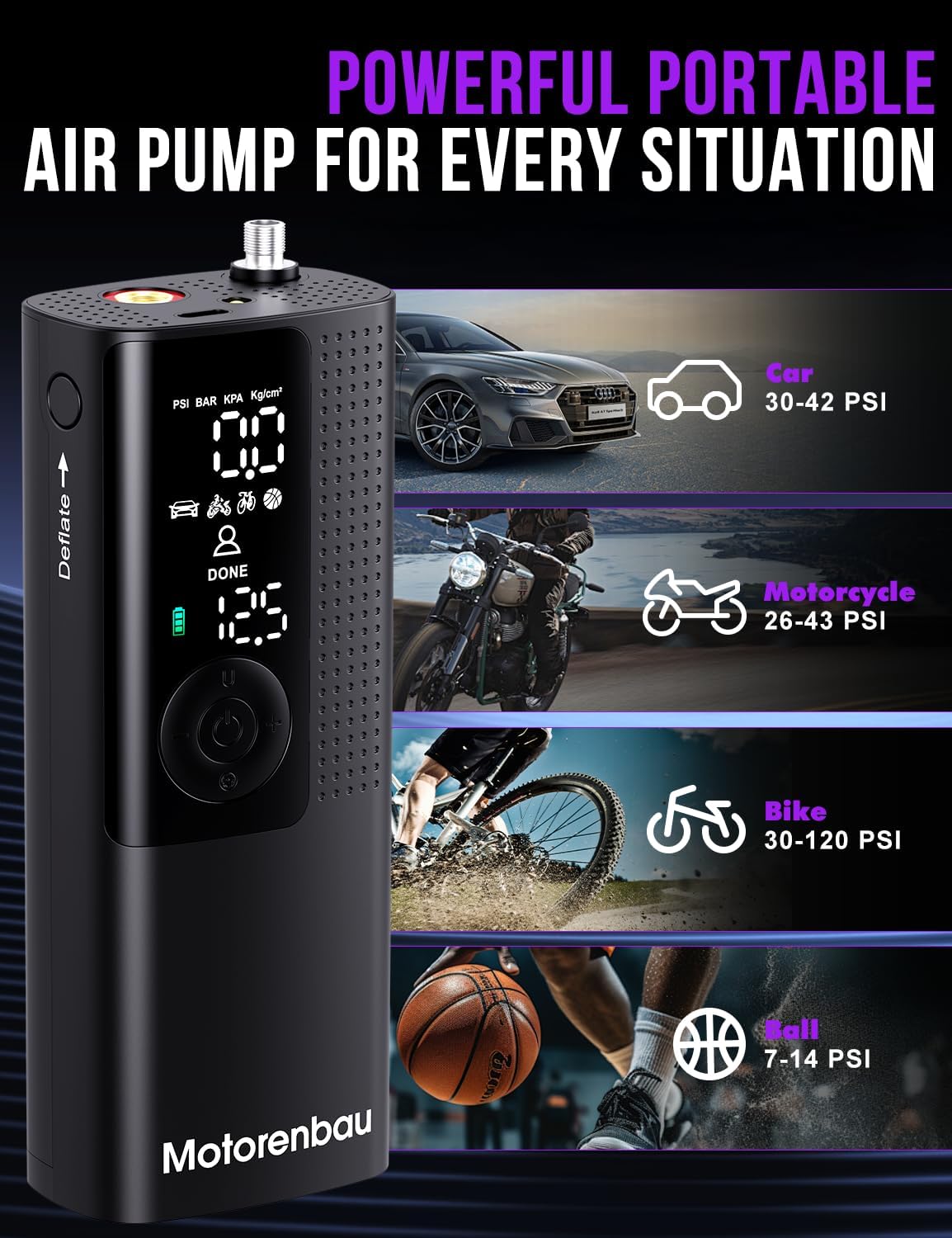 Thumbnail 6 de Motorenbau Tire Inflator Portable Air Compressor: 150 PSI Cordless with LCD, LED, and Auto Shutoff