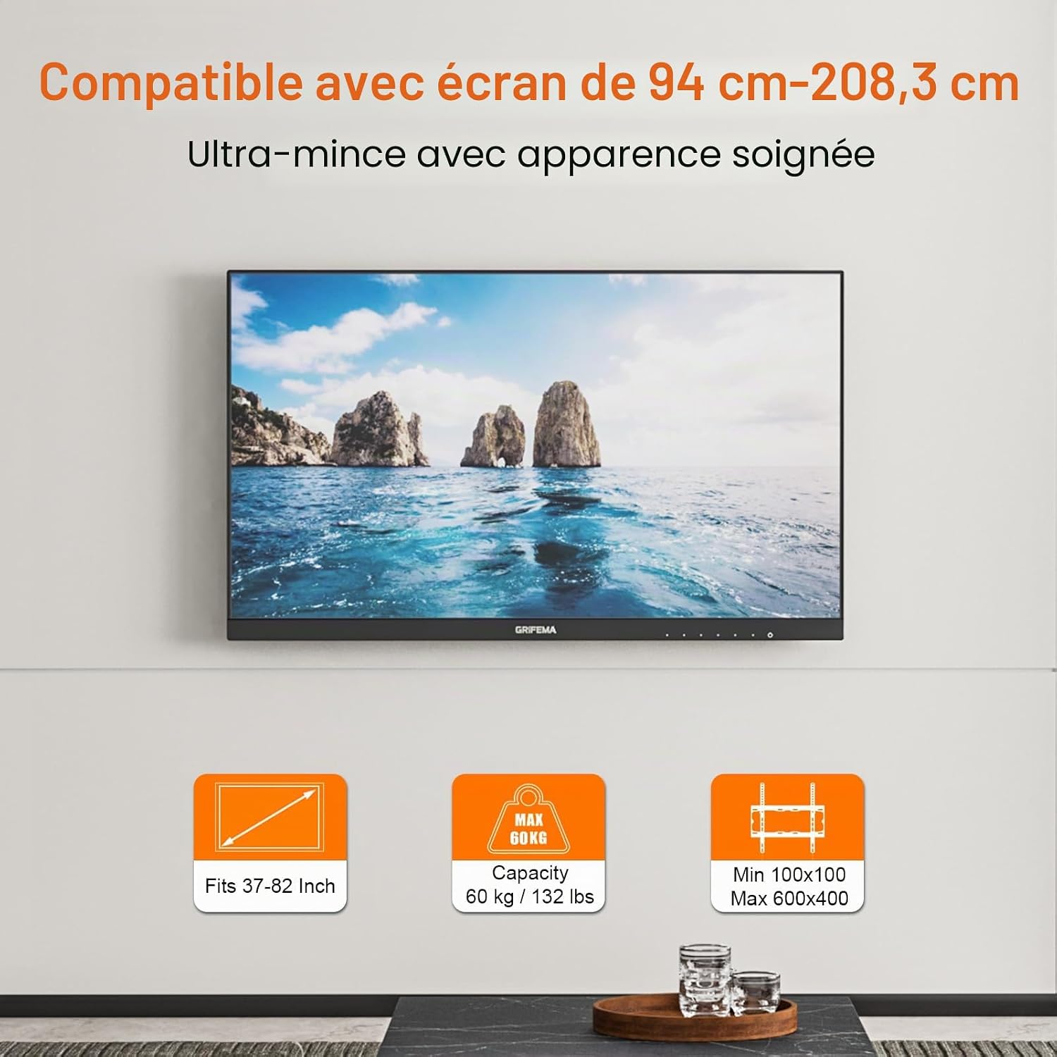 Thumbnail 1 de GRIFEMA Support mural inclinable pour TV 37–82 pouces — robustesse jusqu’à 60 kg et compatibilité VESA 75×75 à 600×400