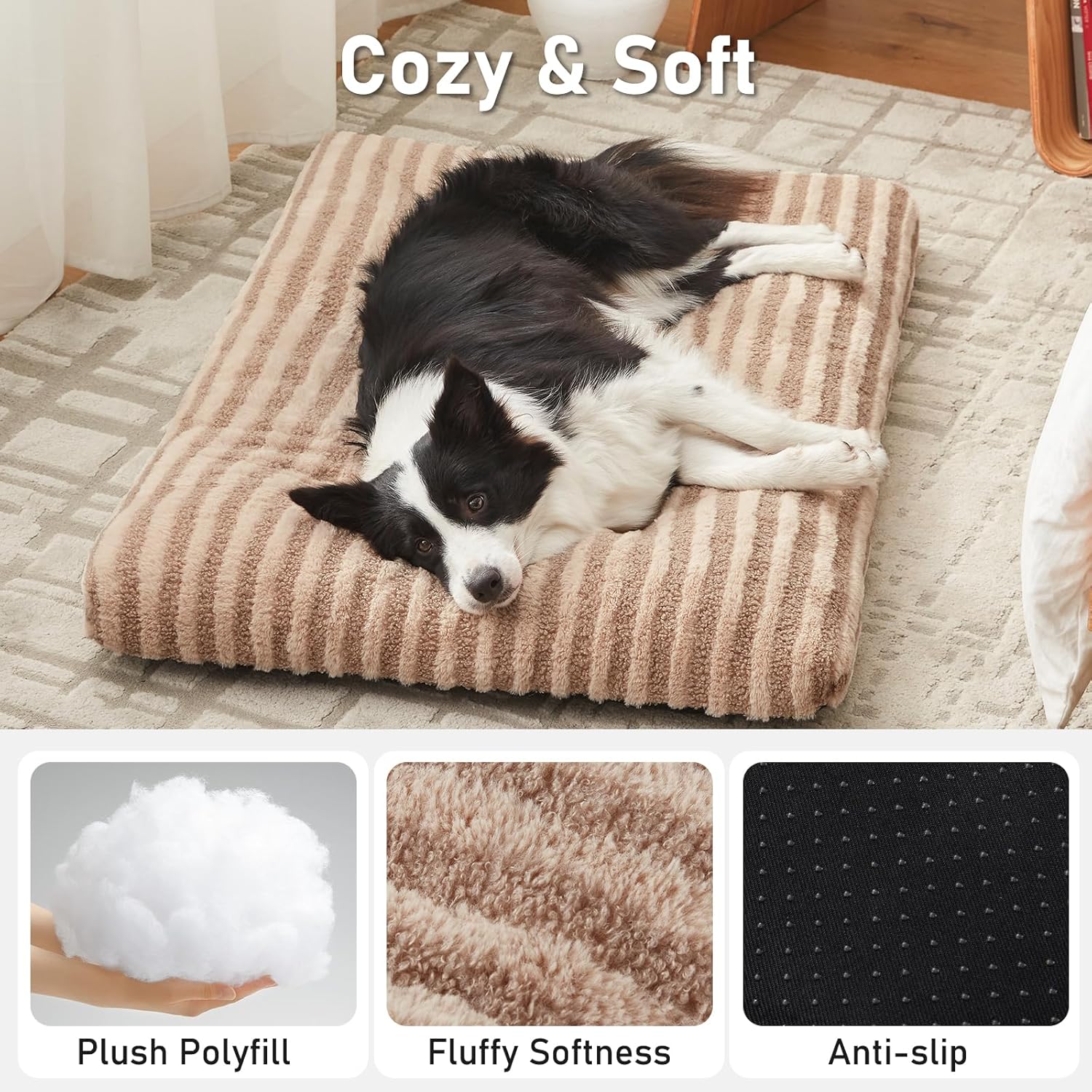 Detalle de Pawk Large Dog Bed Washable - Fluffy Plush Fur Calming Mattress (102 × 69 × 9 cm) in Brown
