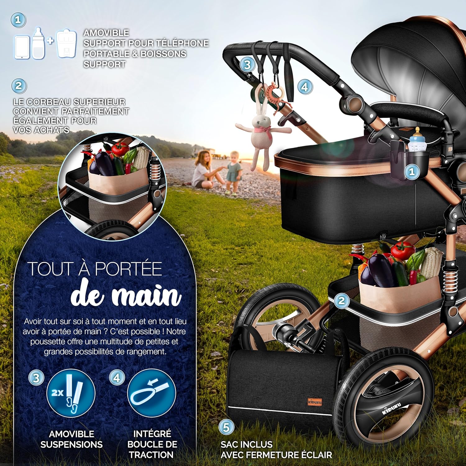 Thumbnail 6 de KIDUKU Poussette Combinée 3 en 1 – Trio tout-en-un (Noir/Champagne), siège auto léger et nacelle convertibles