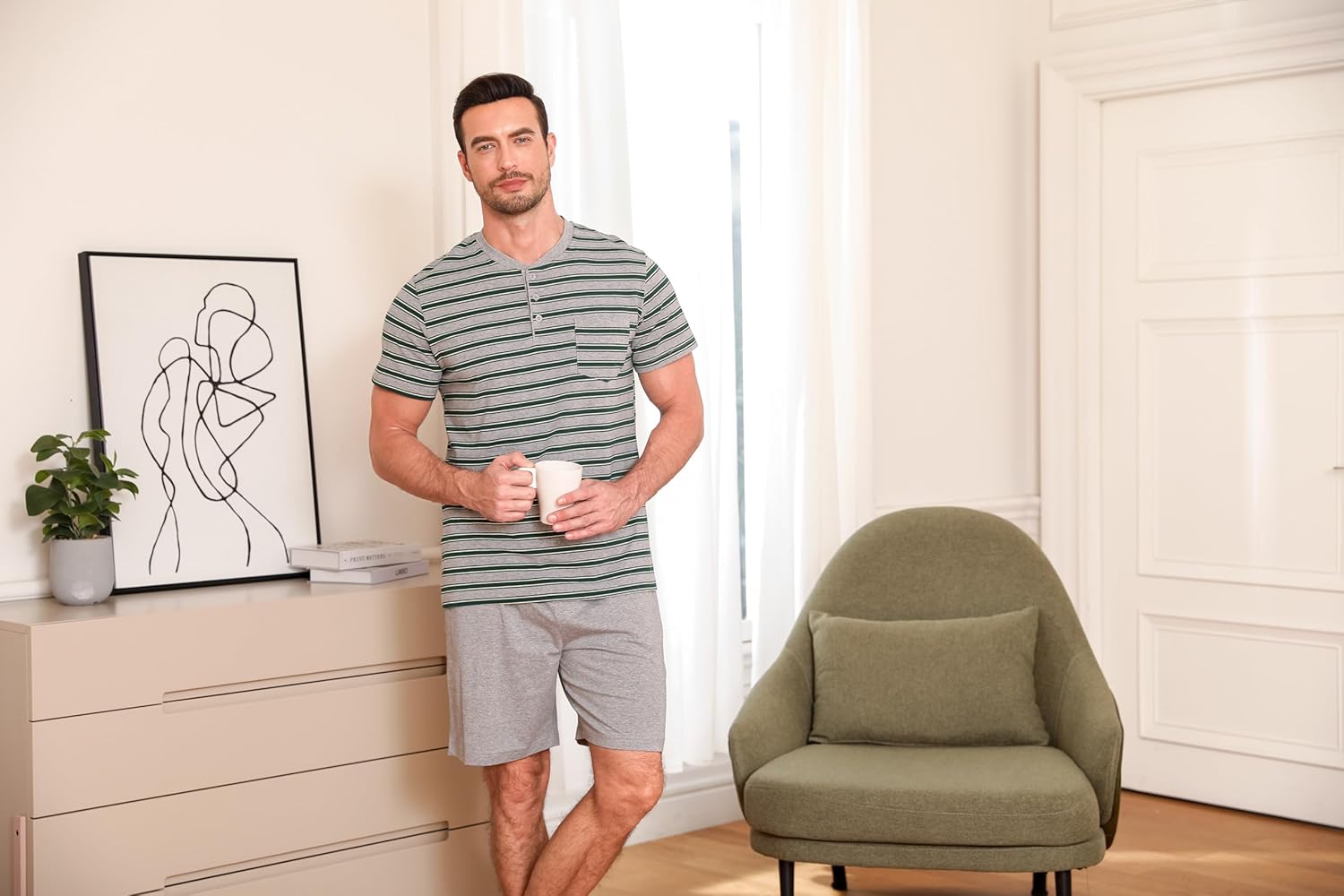 Detalle de Winovia Herren Schlafanzug Kurz Baumwolle – Streifen-Design, Sommerpyjama mit Knopfleiste