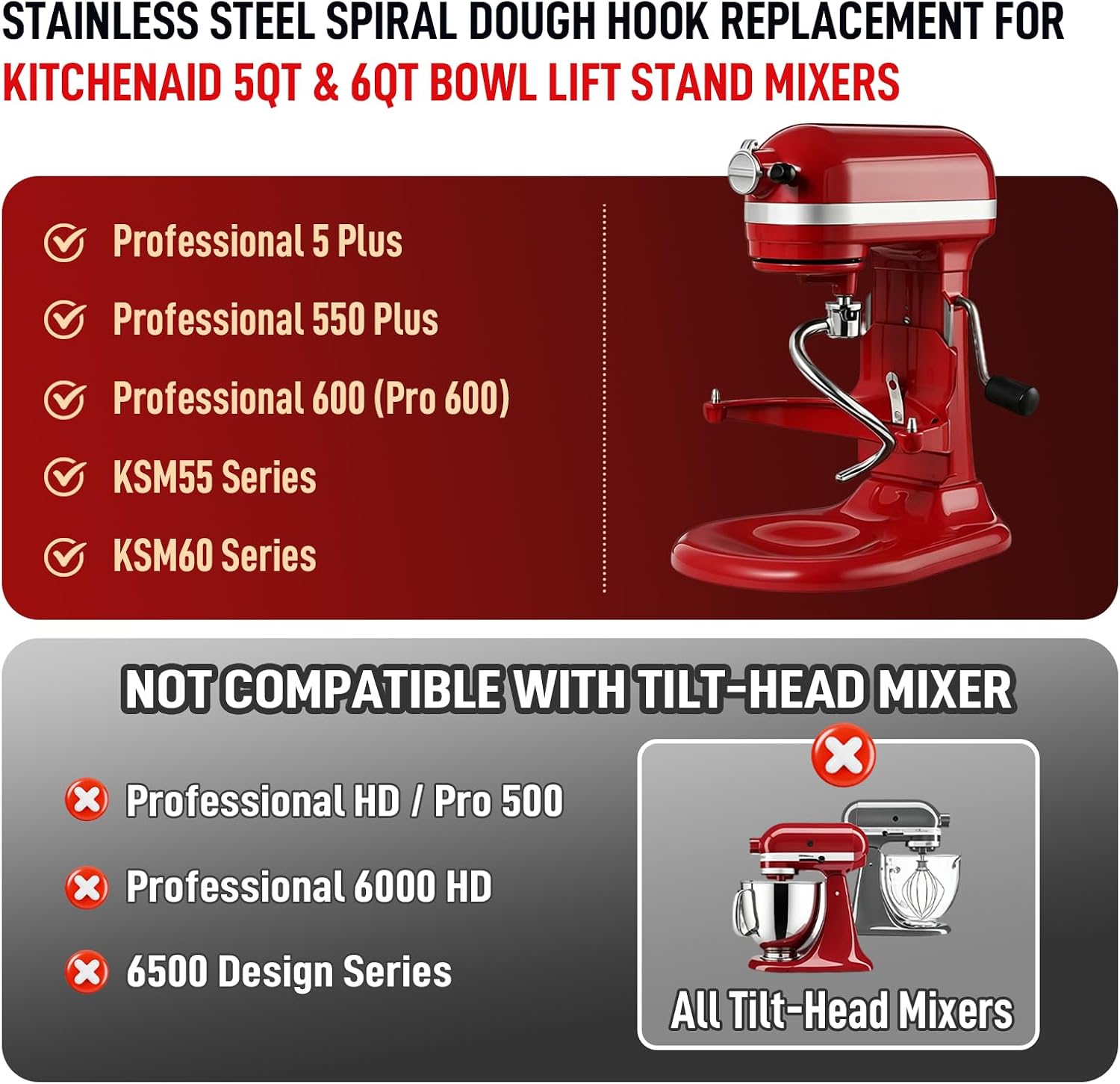 Thumbnail 1 de KitchenAid-Compatible Dough Hook, Stainless Steel