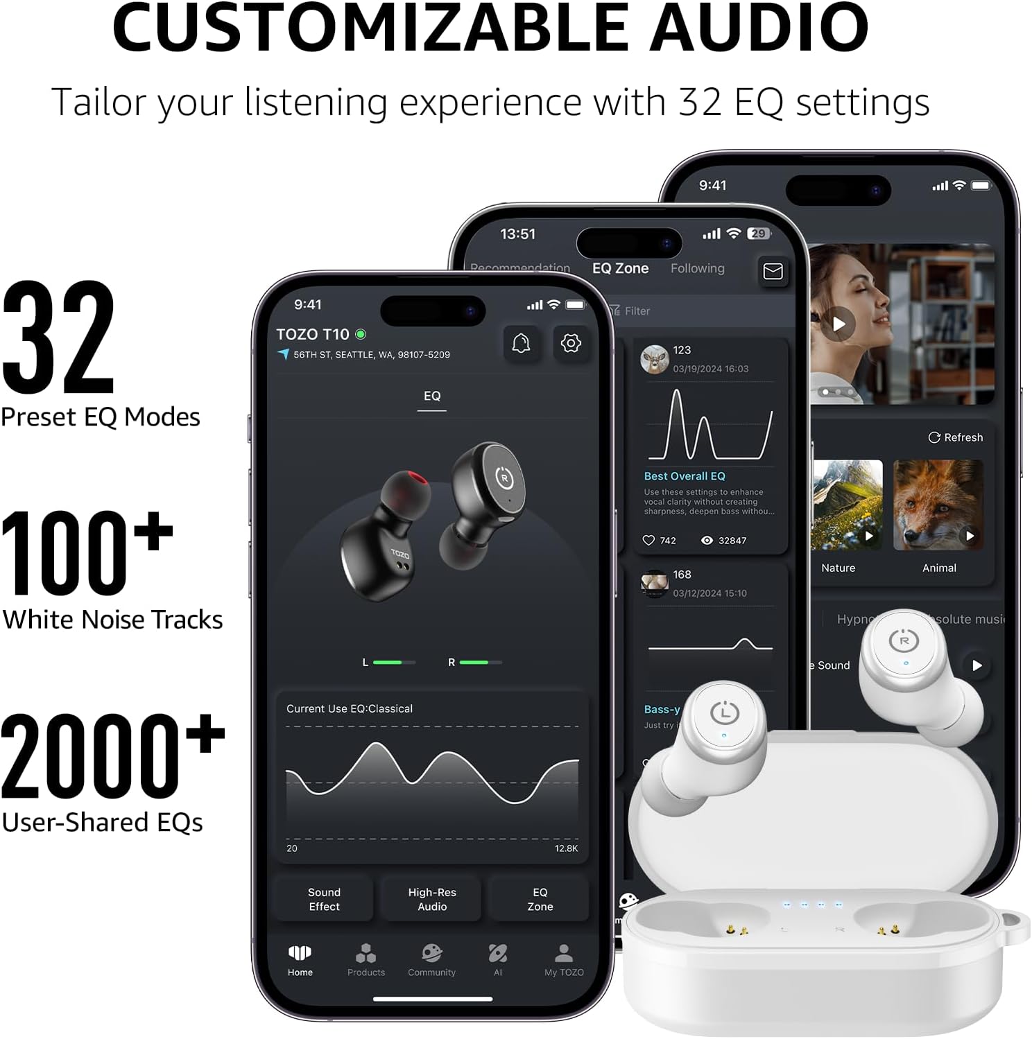 Detalle 2 de TOZO T10: cuffie Bluetooth 5.3 con controllo touch, EQ OrigX 2.0 e 55 ore di autonomia