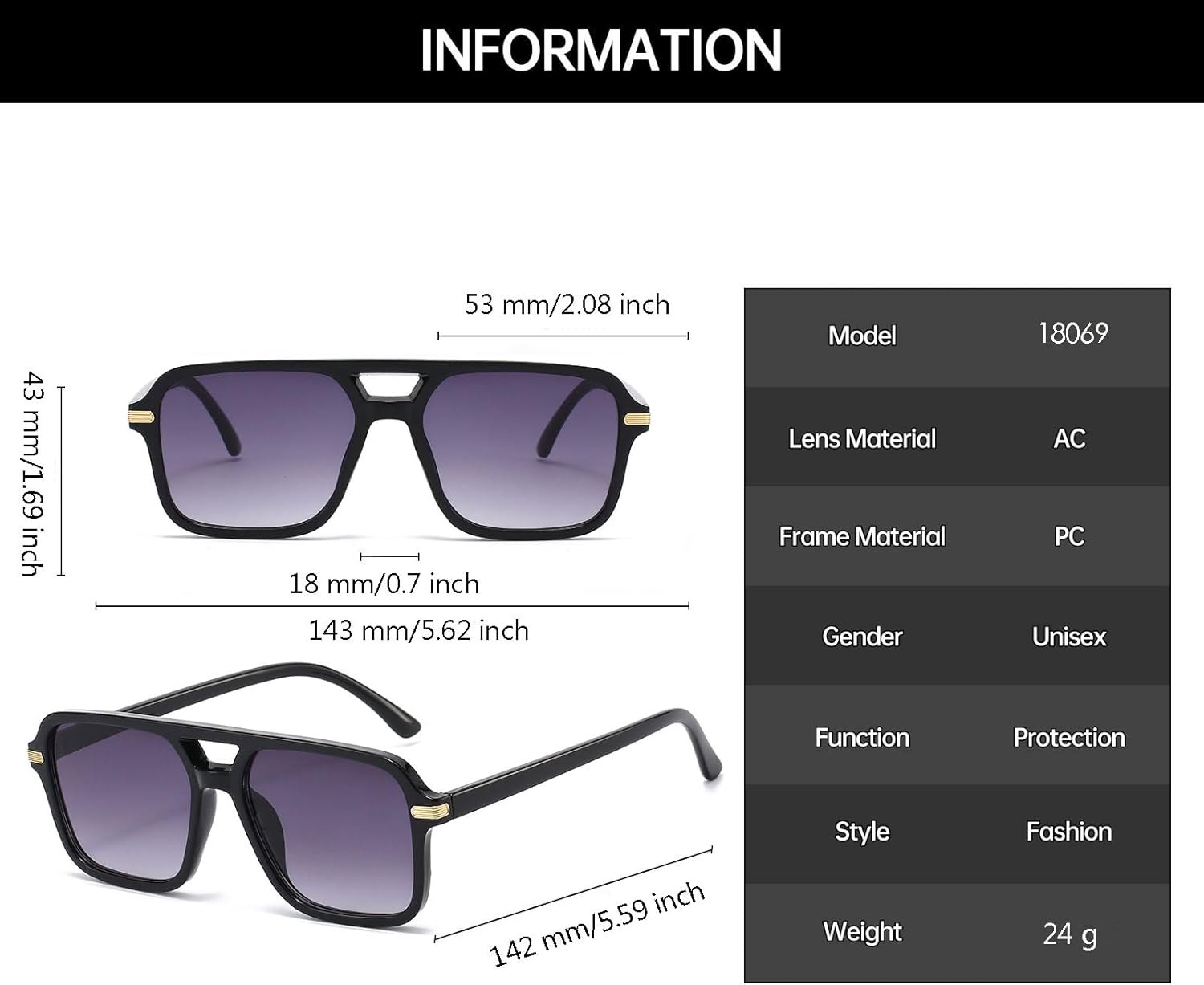 Thumbnail 3 de YAMEIZE 70er Rechteck Sonnenbrille mit Doppelbrücke – UV400, polarisiert, Vintage Pilot Stil