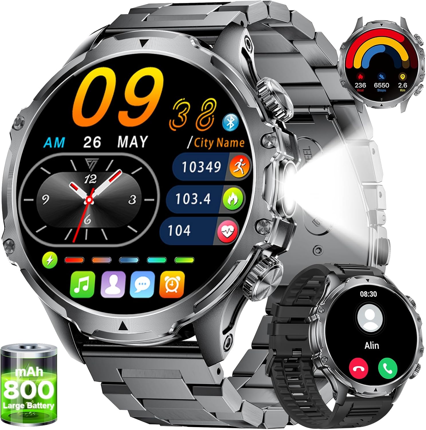 Detalle de LIGE FV15 Smart Watch for Men with Bluetooth Calling, 1.85-inch HD Display and LED Flashlight
