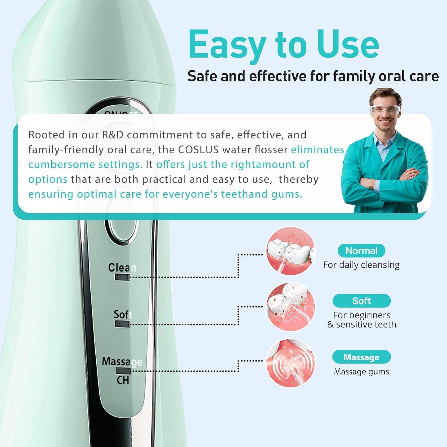 Detalle de COSLUS C20 Portable Cordless Water Flosser (300ML) — IPX7 Rechargeable Dental Irrigator, Green