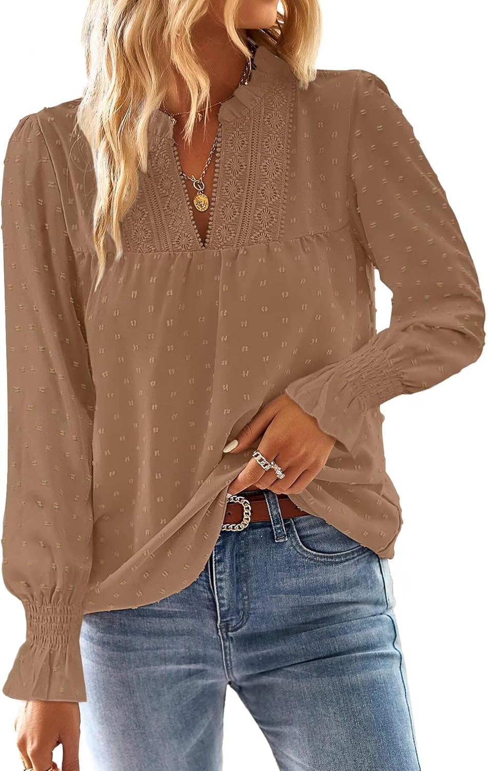 Detalle de TUUHAW Langarmshirt Damen Herbst Boho Top – V-Ausschnitt mit Häkelverzierung, großzügige Passform