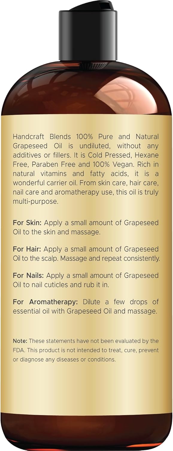 Detalle de Handcraft Blends Grapeseed Oil (Cold-Pressed, Hexane-Free) | 100% Pure Carrier Oil for Skin, Hair & Massage | 16 fl oz