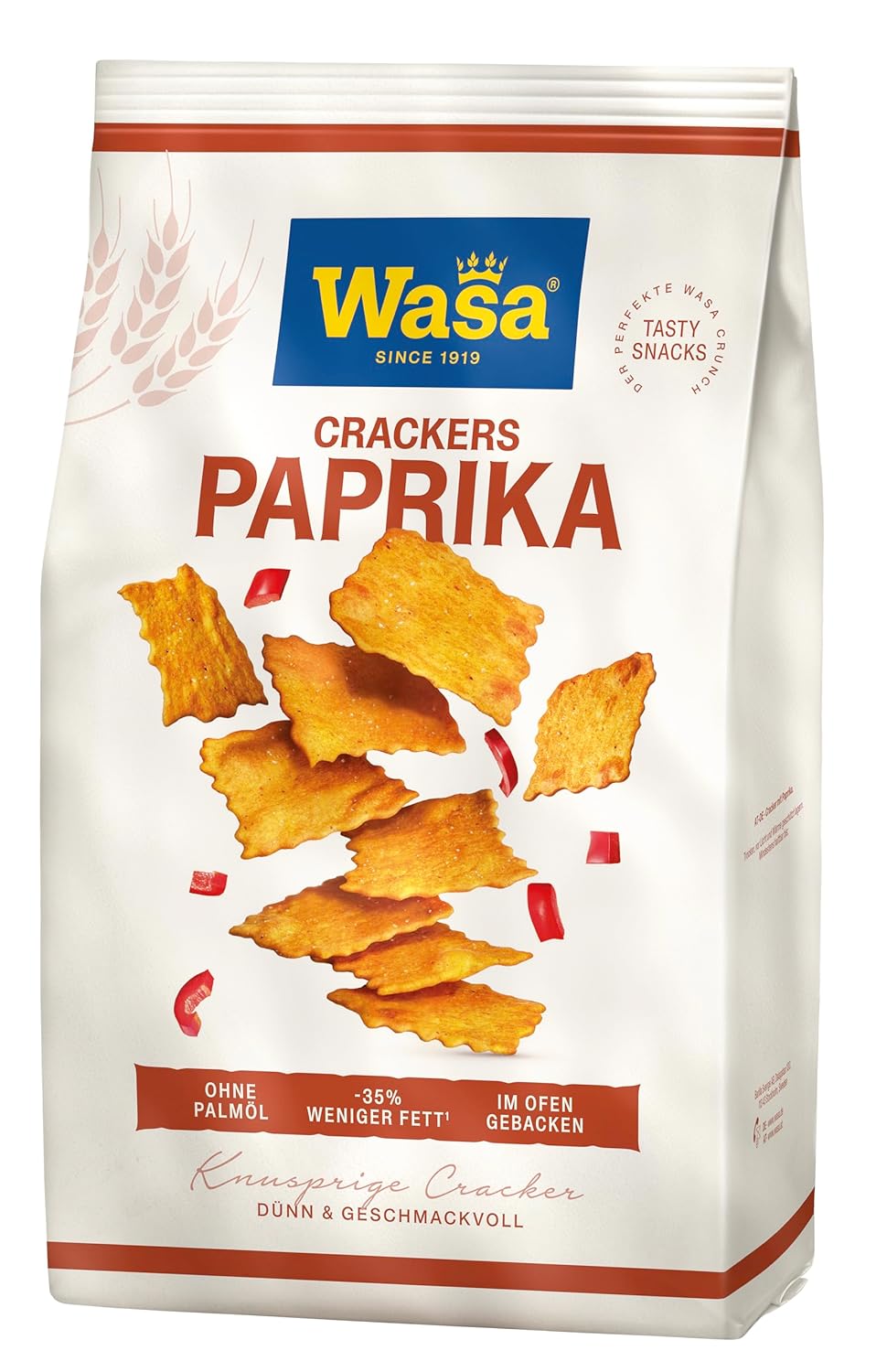 Detalle de Wasa Tasty Snacks Paprika Crackers 5x150g – knusprige Knäcke-Cracker mit Paprika