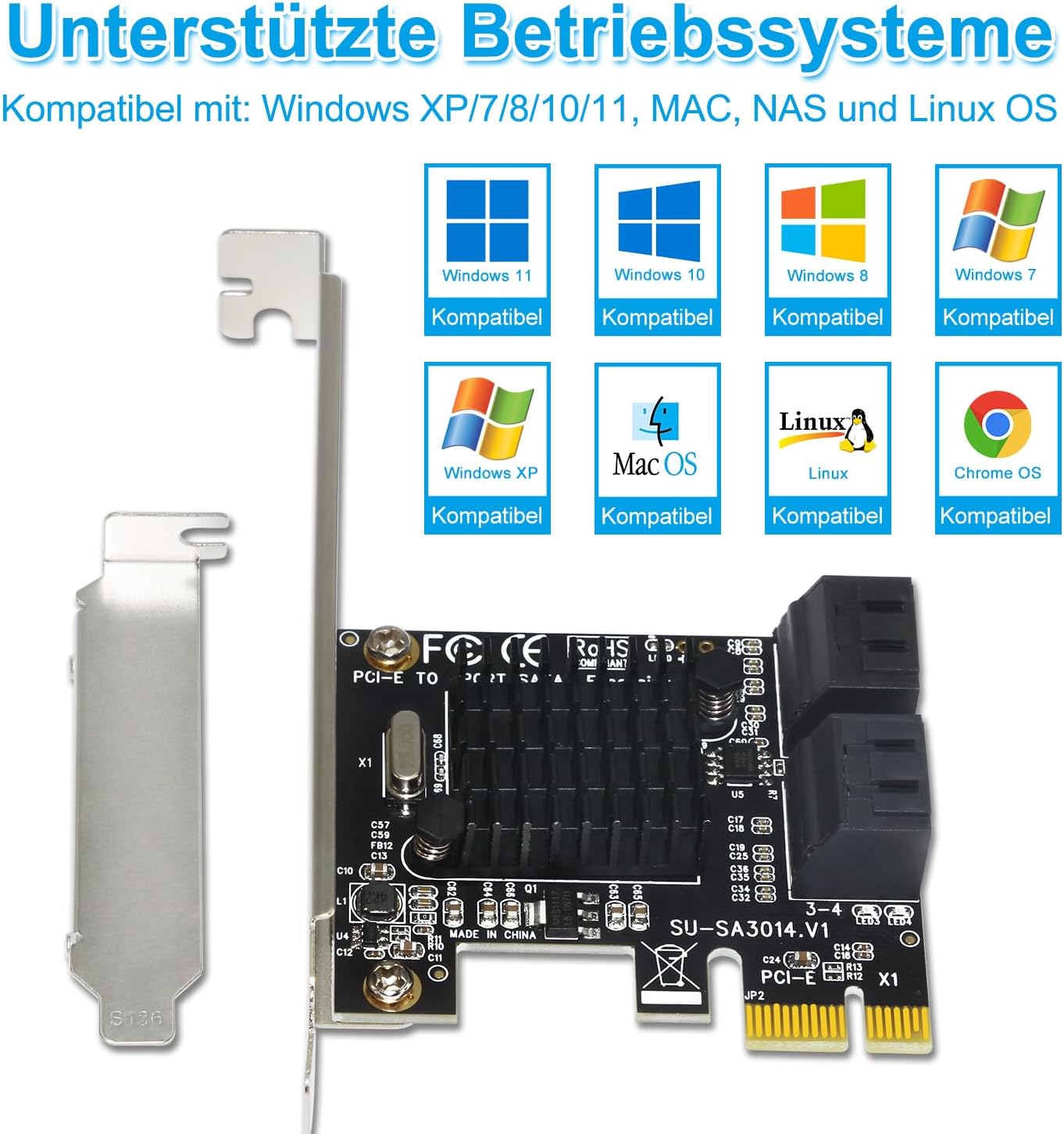 Thumbnail 3 de Ziyituod PCIe-zu-SATA-Adapterkarte mit 4 Ports (SATA 3.0, 6 Gbit/s) inkl. Low-Profile-Halterung