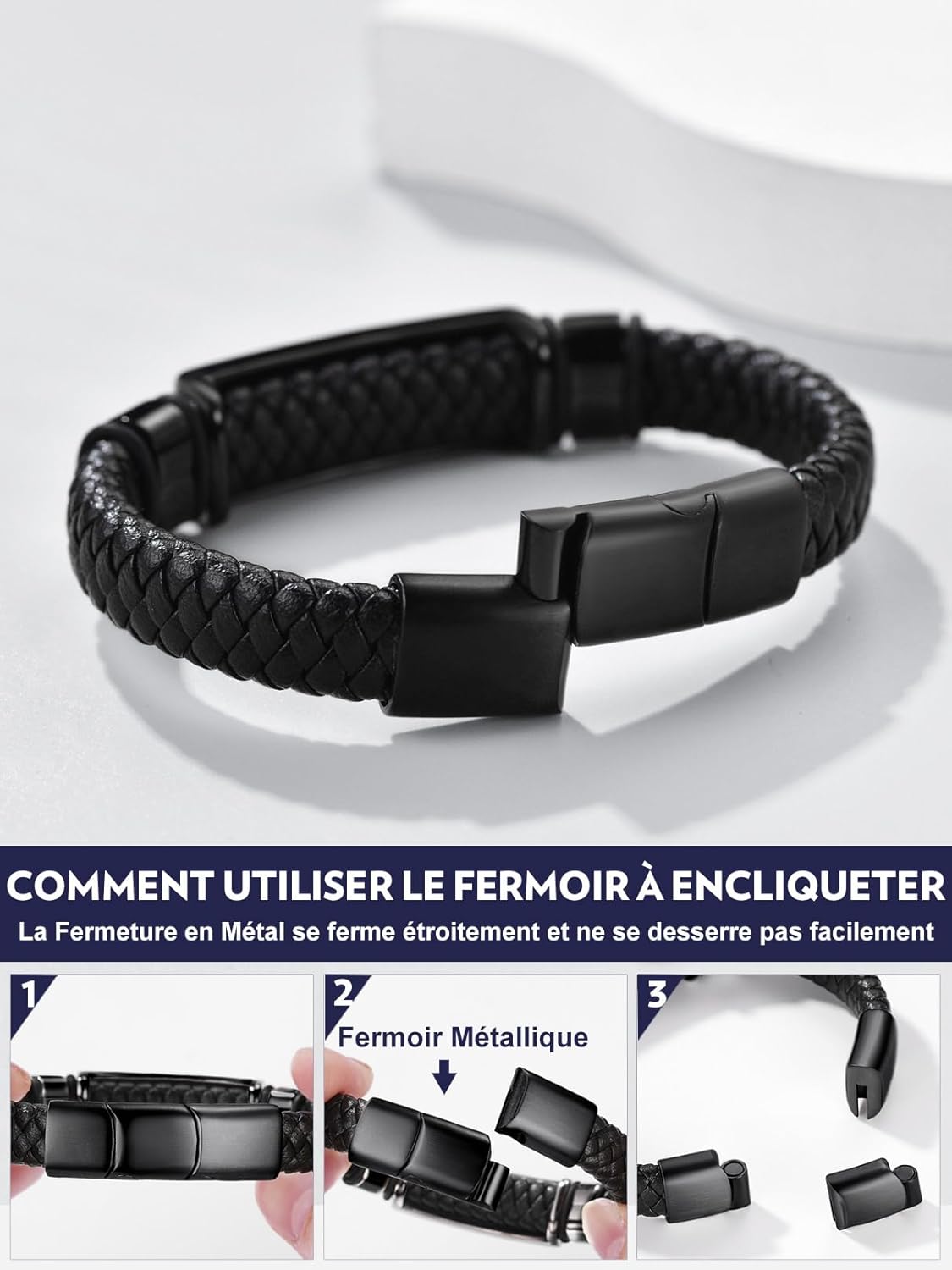 Thumbnail 4 de Bandmax bracelet homme en cuir PU tressé noir avec plaque acier inox motifs croix et crâne