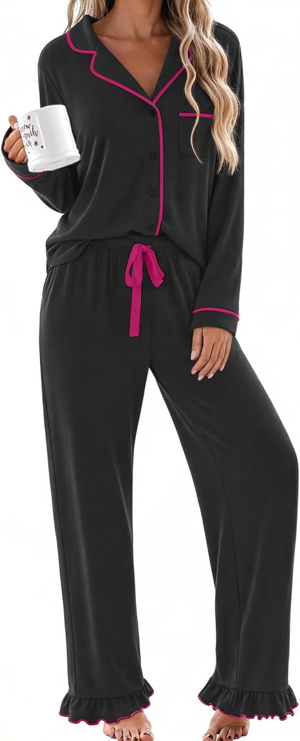 Detalle de Ekouaer Women's Long Sleeve Pajama Set with Button-Down Top and Ruffle-Hem Pants