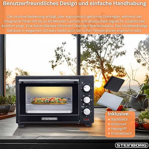Detalle 2 de STEInBORG Mini Backofen 25 Liter – 3in1 Ofen mit Ober-/Unterhitze, Konvektion und Timer