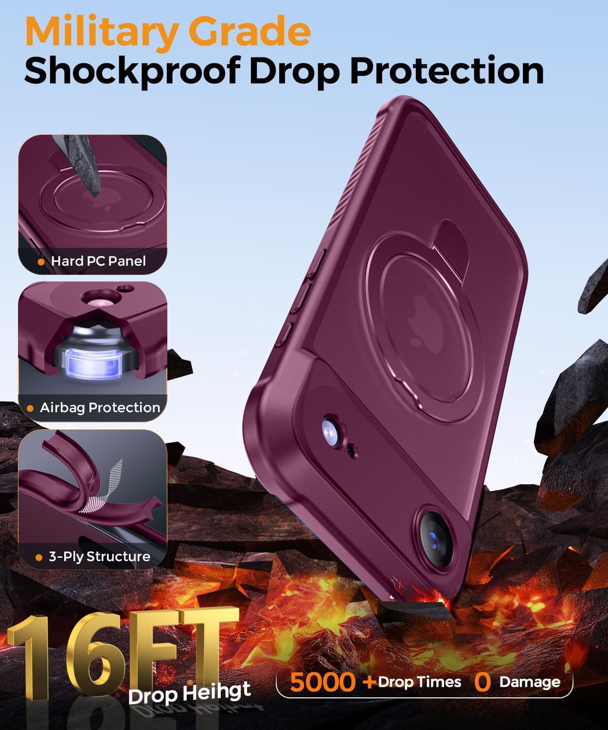 Detalle de MOCCA iPhone 17 Pro Case with MagSafe Invisible Ring Stand & Full Camera Guard (Wine Red)