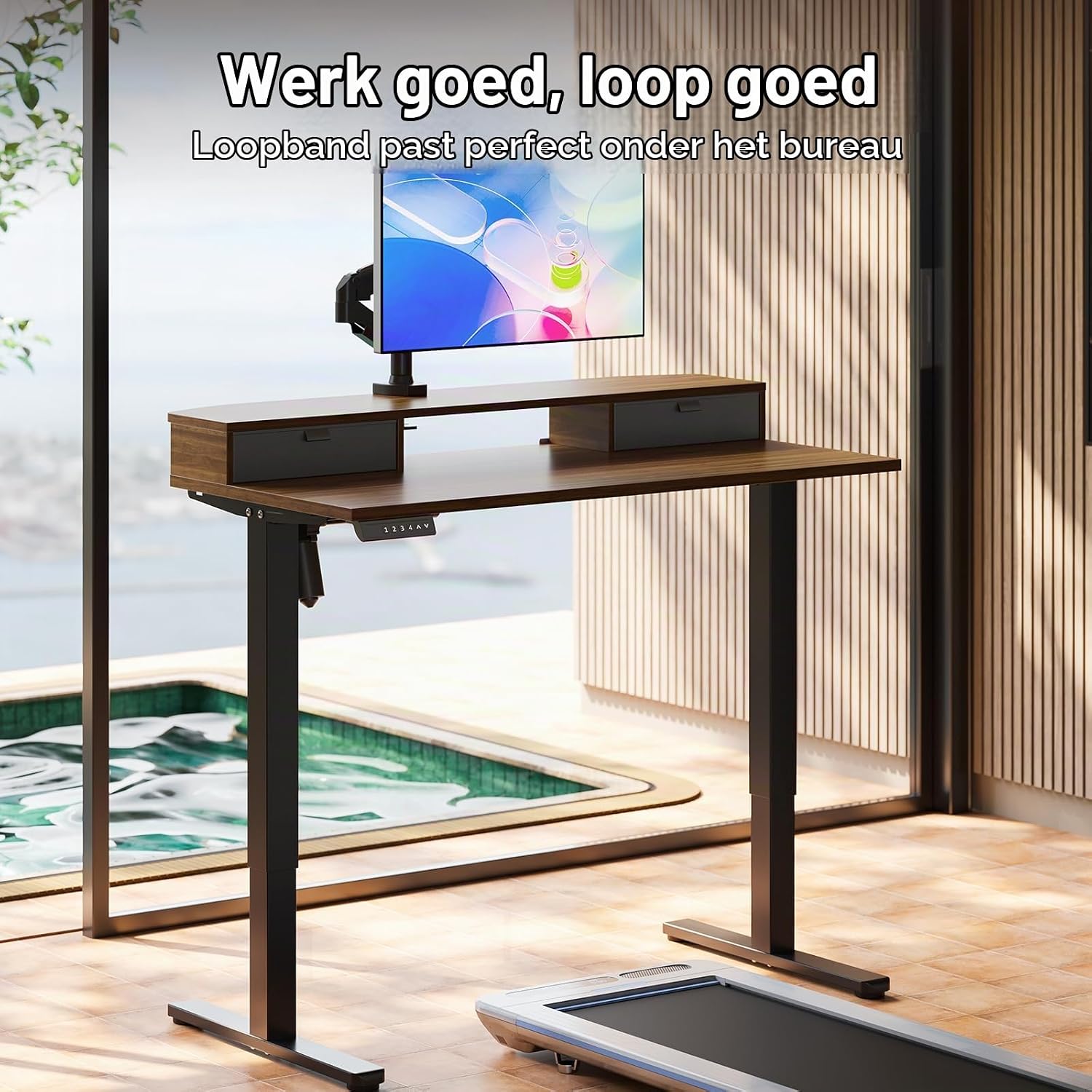 Detalle de HUANUO HNESD247W-100B-EU elektrisch verstelbaar bureau 100 x 60 cm met laden