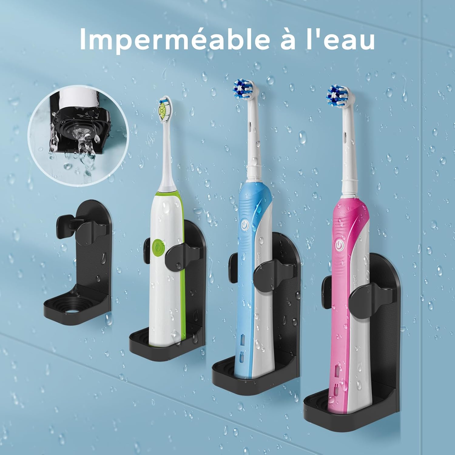 Thumbnail 4 de Support mural pour brosse à dents électrique HOMMAND (lot de 2) avec adhésif 3M, réglable, noir