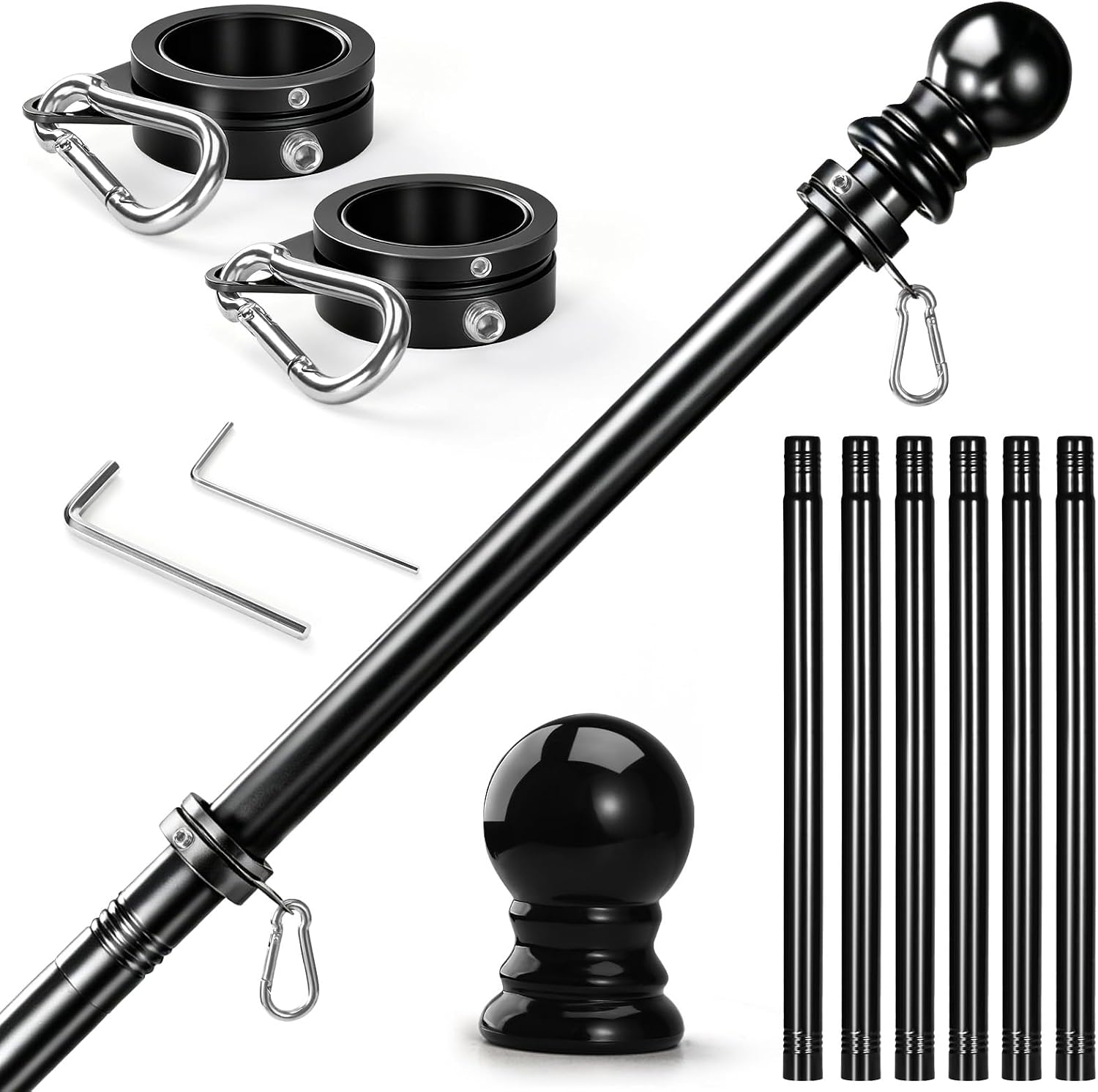 Detalle de Anovo FC001 7 ft Flagpole Kit, Black Stainless Steel with Rotating Rings