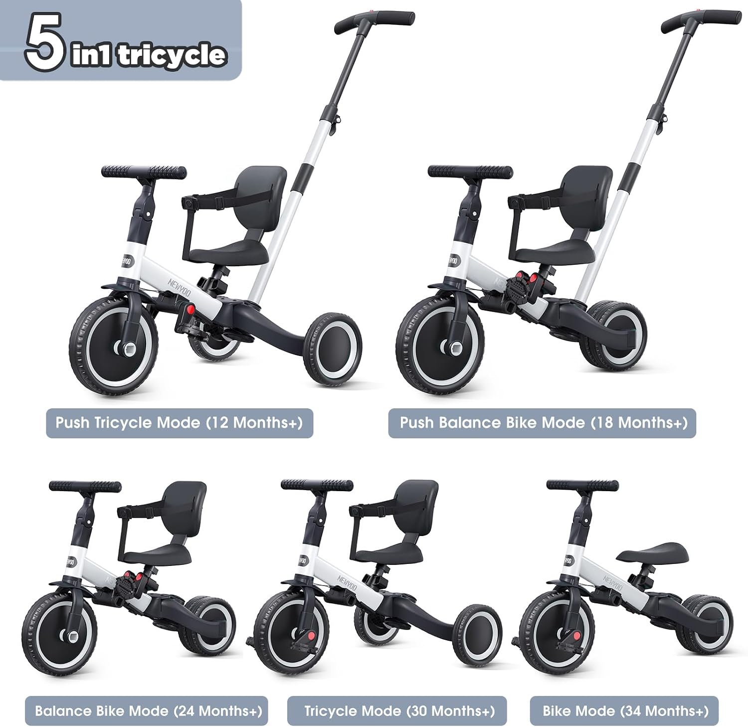 Thumbnail 1 de newyoo 5-in-1 kids trike with parent handle, safety belt and pedals (TR007) – White
