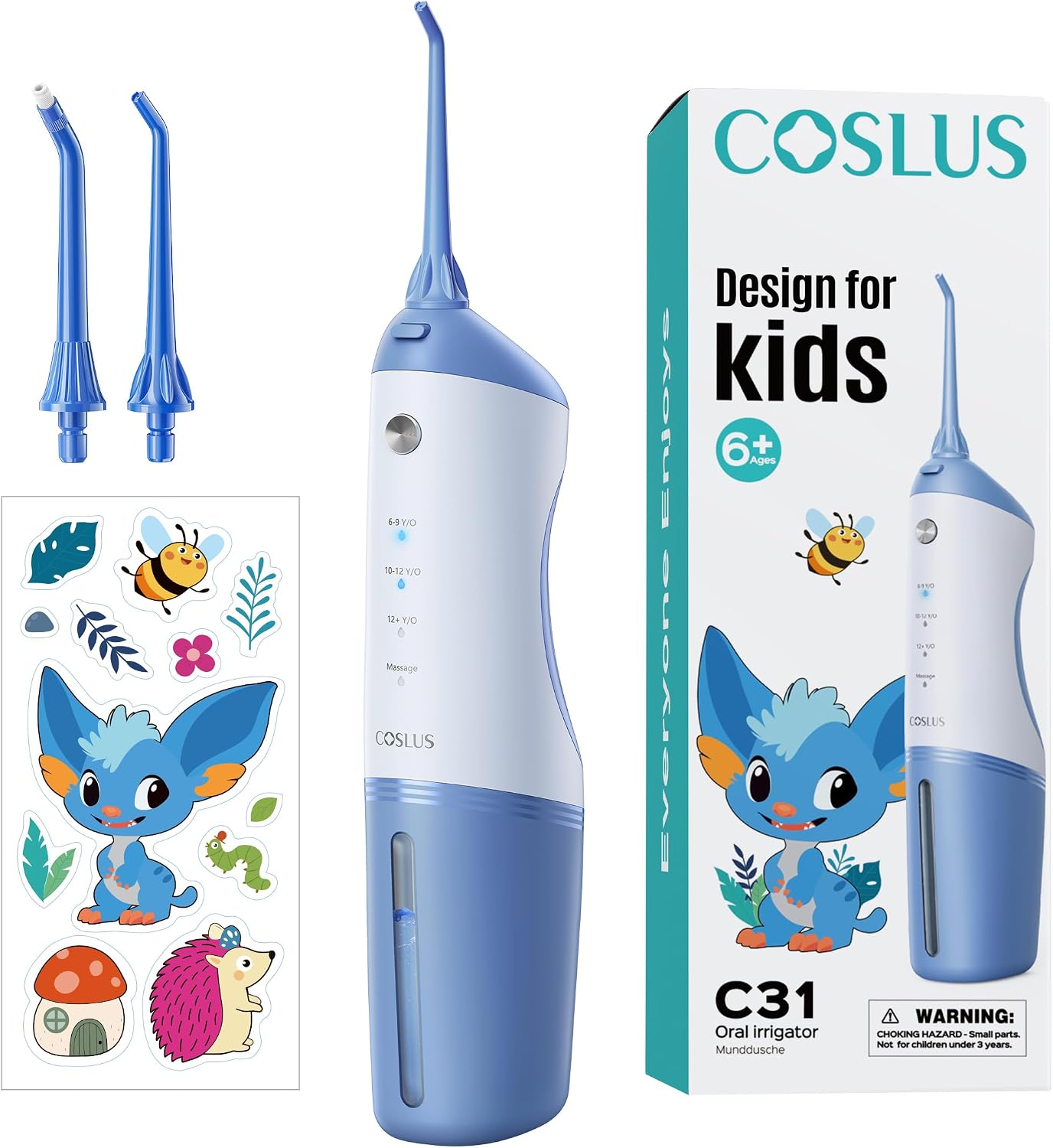 Detalle de COSLUS C31 Kids Water Flosser, 4 Modes, 150 mL Tank, IPX7