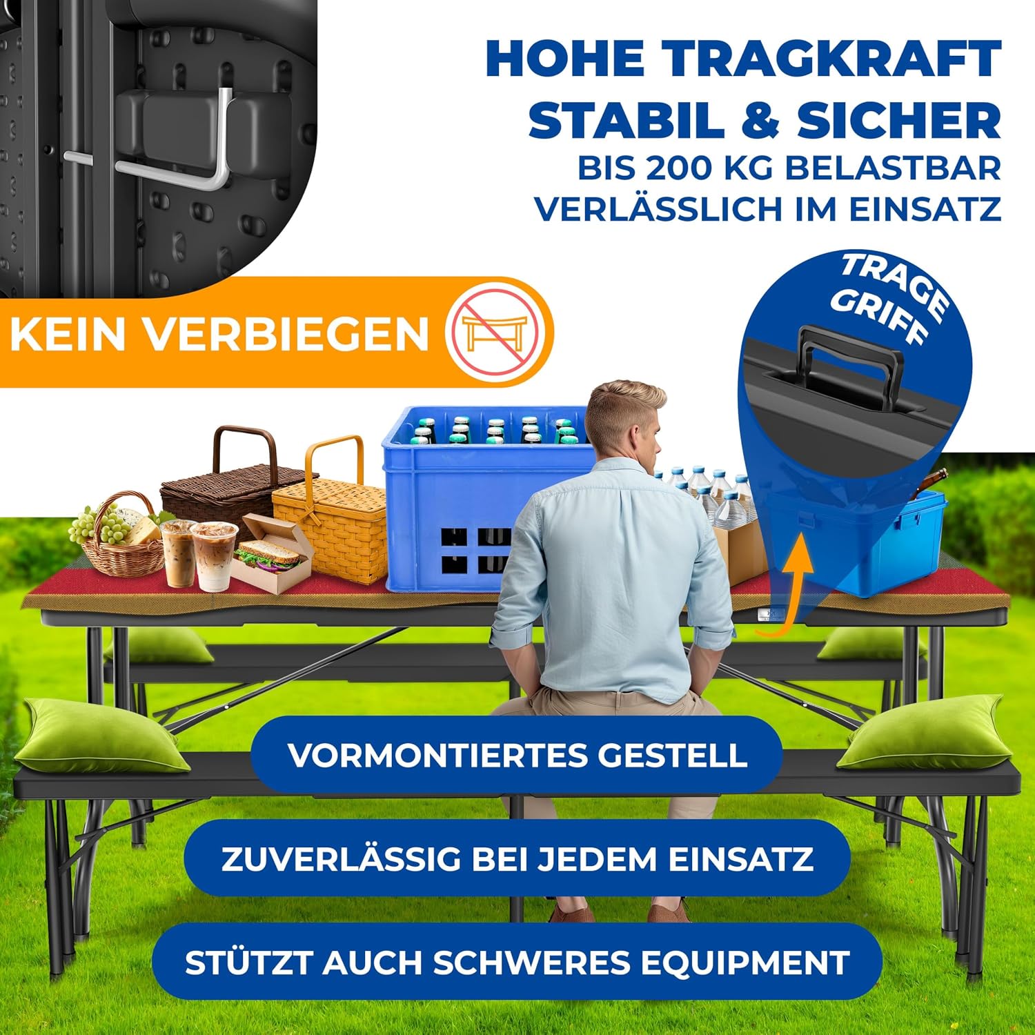 Detalle de KESSER® Buffettisch klappbar aus Kunststoff, 220 x 68 cm – Campingtisch für bis zu 6 Personen inkl. Cover & Tragegriff (Anthrazit)