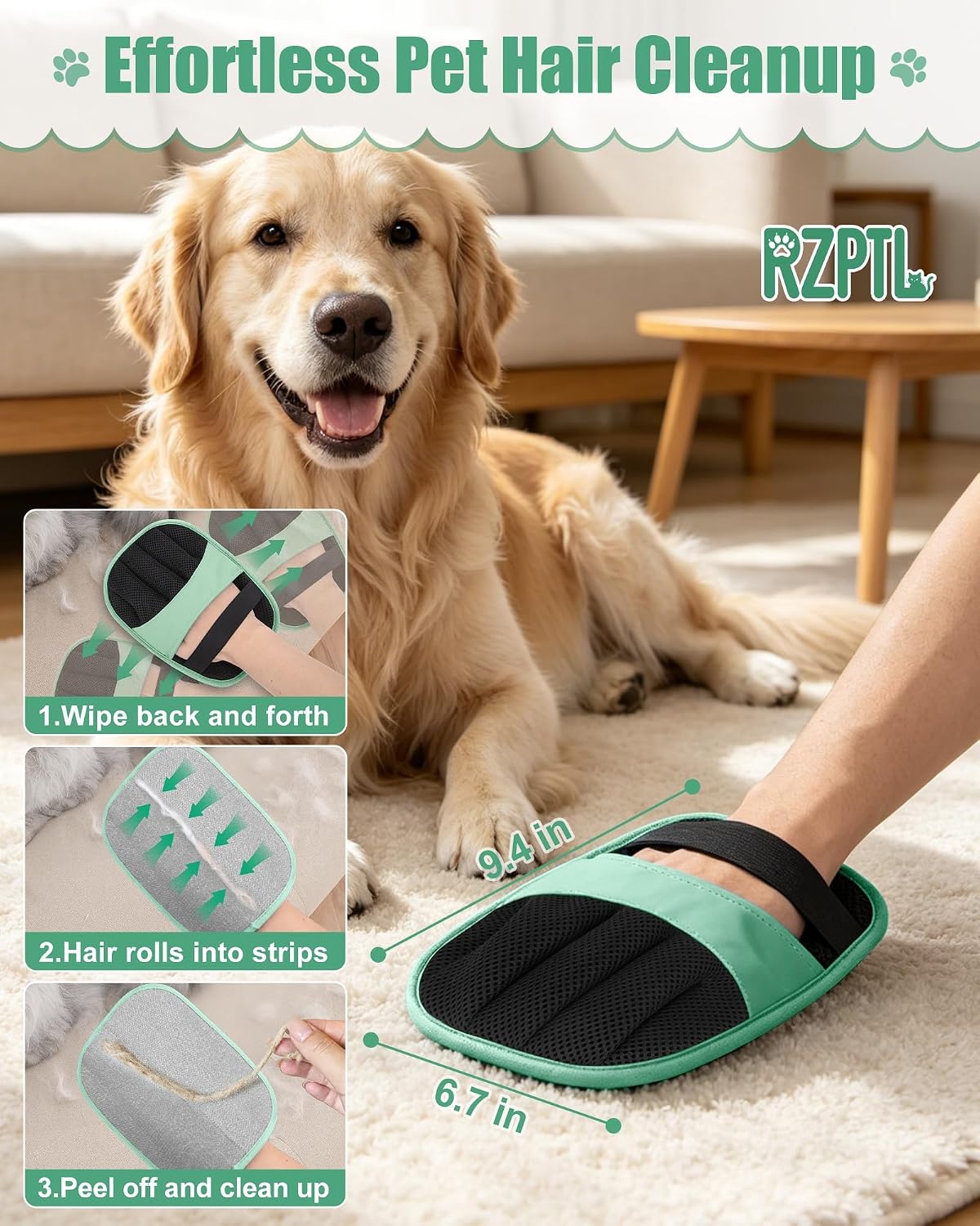 Detalle de RZPTL Pet Hair Removal Glove (2 Pack) – One Left, One Right Five-Finger Electrostatic Grooming Mitt