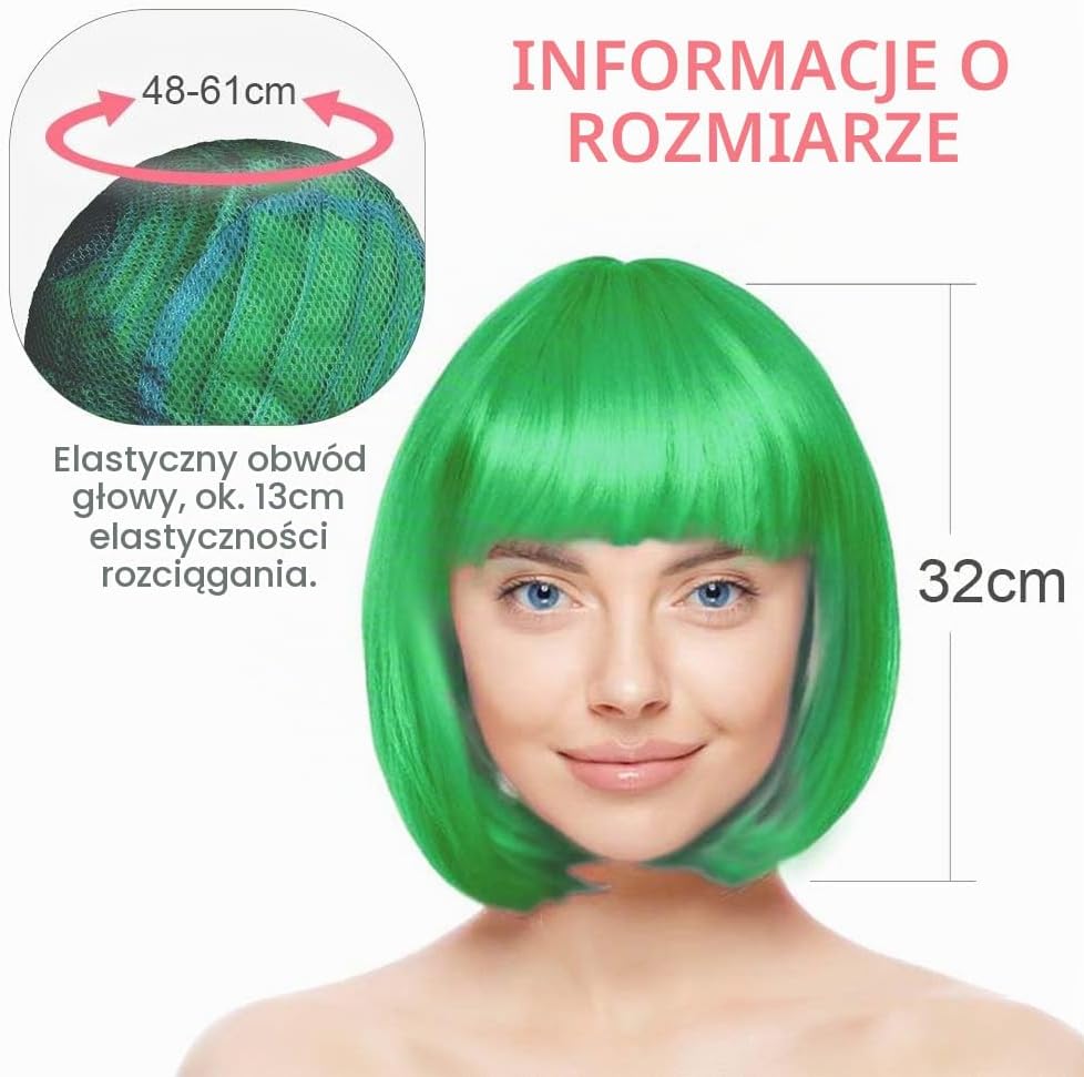 Detalle 2 de AUYAO 3620503 – zielona peruka bob z grzywką, proste włosy, neonowy kolor