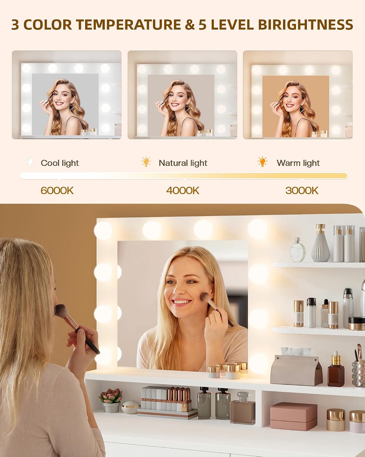 Detalle de LIVELYGLOW RXUS-NDZK-White Makeup Vanity Desk with 10 LED Bulbs and 4 Drawers