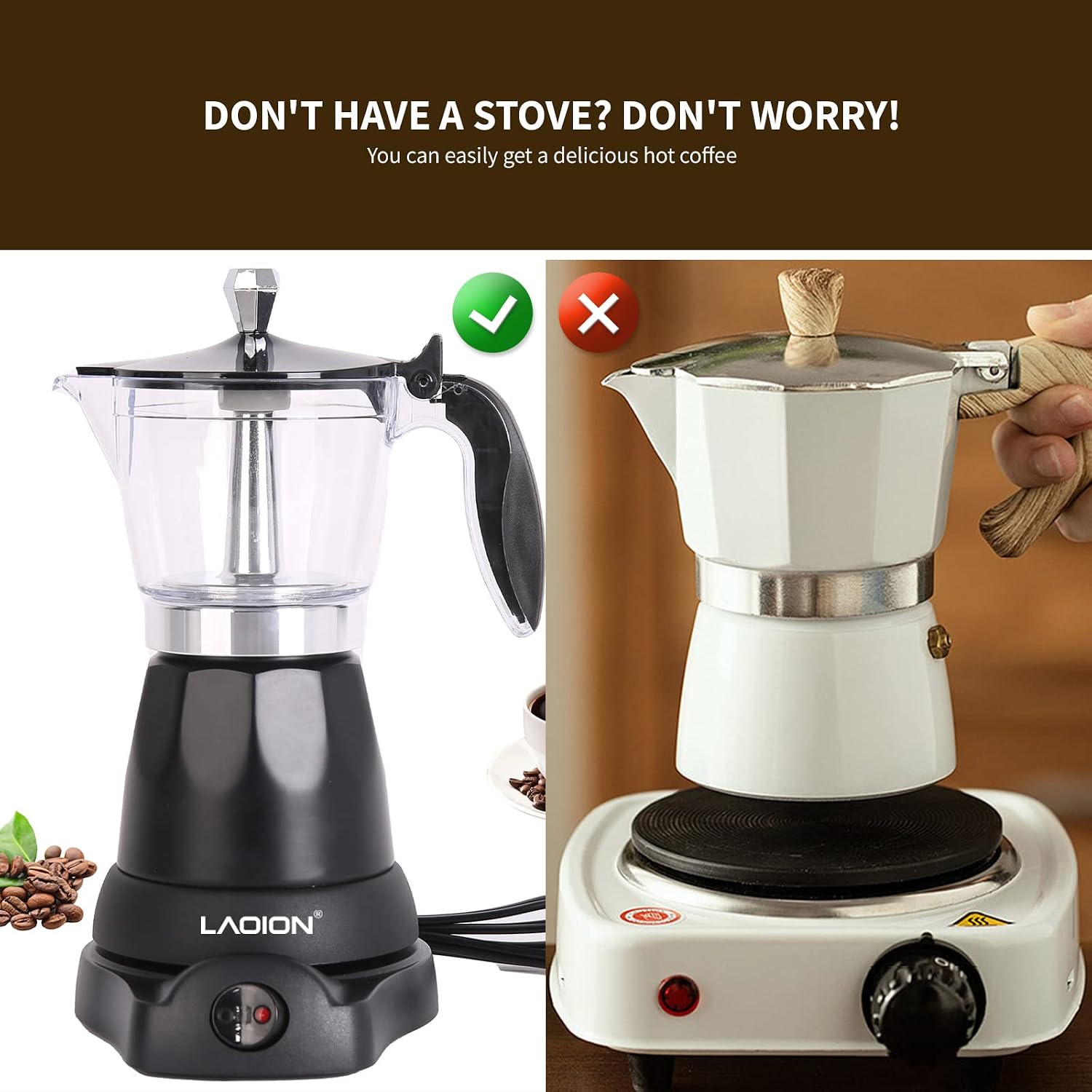 Thumbnail 2 de LAOION Cuban Coffee Maker: 6- or 3-Cup Electric Moka Pot for Rich, Traditional Espresso