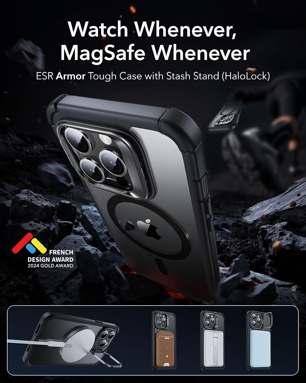 Detalle 2 de ESR Armor Series iPhone 14 Pro Max Case with Stand + Built-In Tempered Glass Screen Protector (MagSafe Compatible) — Clear Black