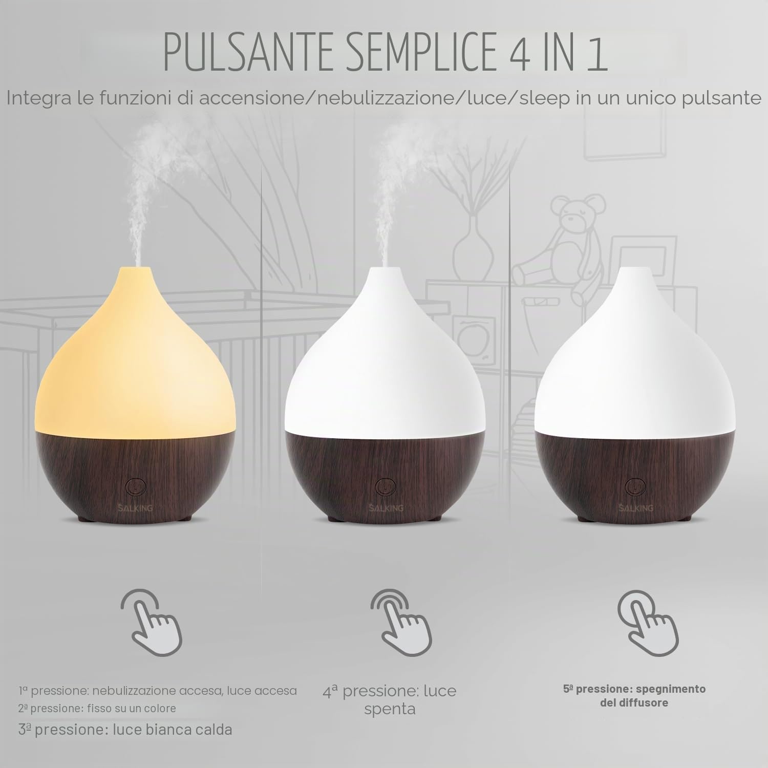 Thumbnail 2 de SALKING Diffusore di Oli Essenziali 100 ml con ultrasuoni, 8 LED e spegnimento automatico (Effetto legno nero)