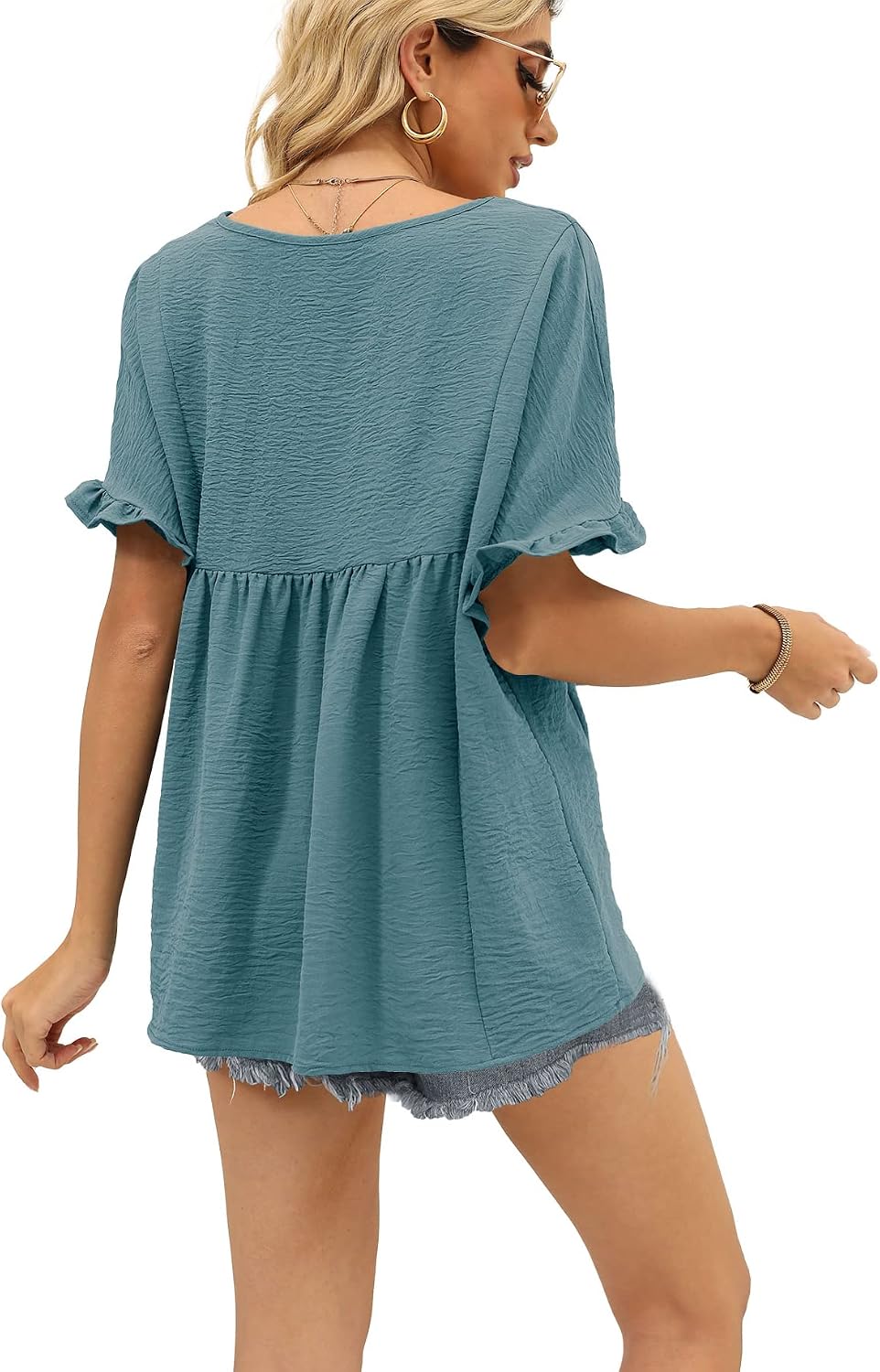 Detalle 2 de WIHOLL Women’s Casual V-Neck Ruffle Sleeve Babydoll Peplum Top (100% Polyester)