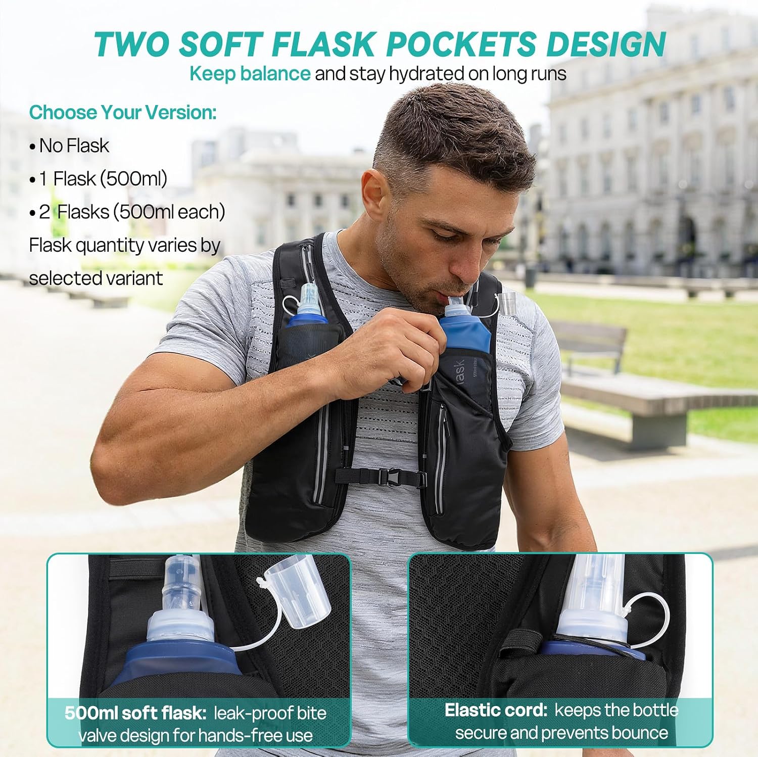 Detalle 2 de Nextyu Laufweste Damen & Herren mit Trinkrucksack: 2× 500-ml-Flaschenfächer, großes Handyfach & reflektierendes Design