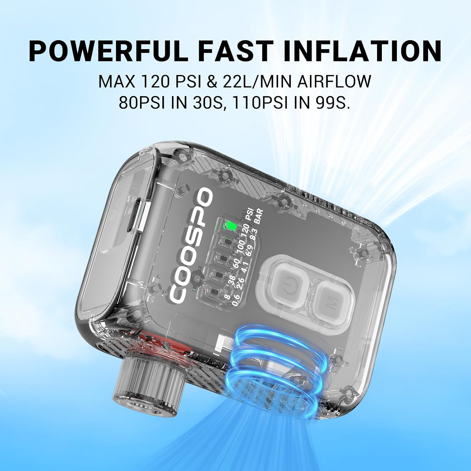 Detalle 2 de CooSpo Mini elektrische fietspomp, 120 psi, presets en automatische uitschakeling