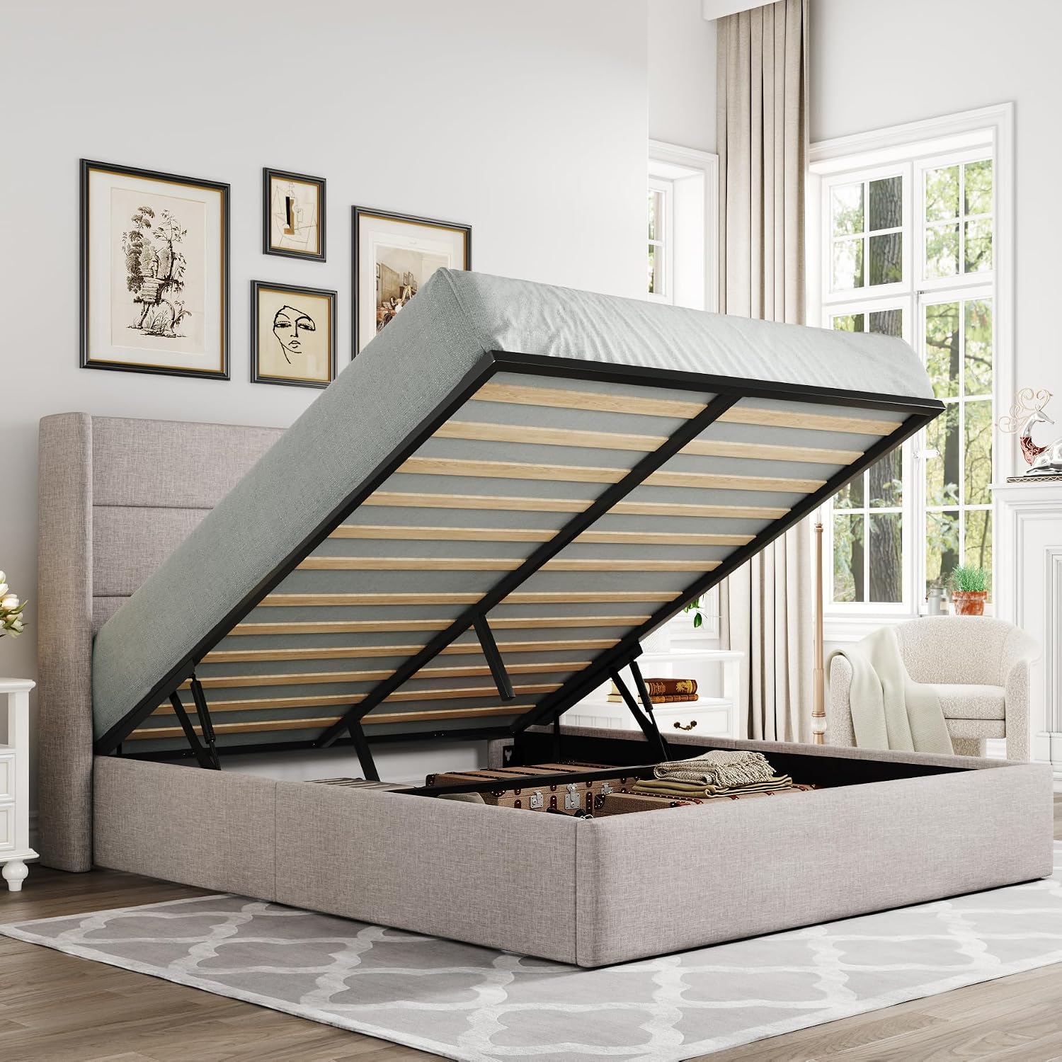 Detalle de Allewie Queen Size Lift Up Storage Bed Frame, Light Beige Upholstery