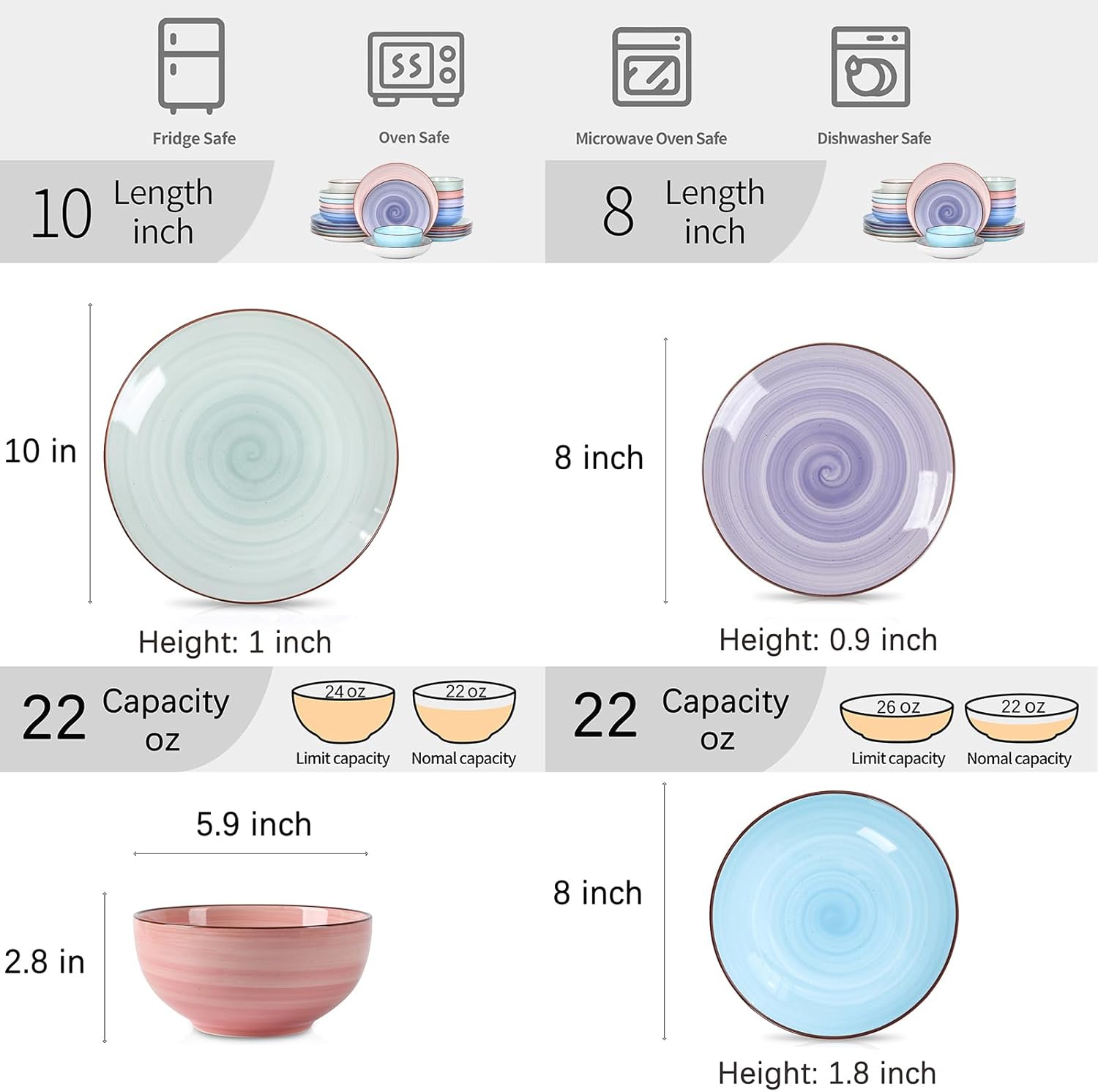 Detalle de Selamica Ceramic Plates and Bowls Set (24-Piece) for 6 — Handpainted Swirl & Gradient Color